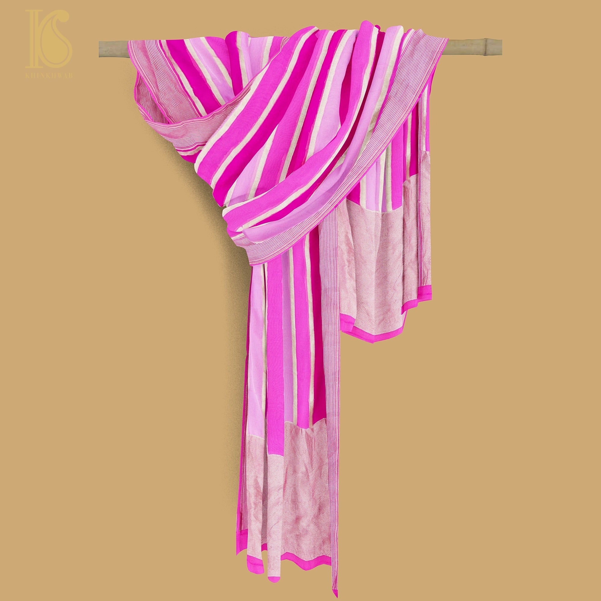 Pink Pure Georgette Handloom Banarasi Stripes Dupatta - Khinkhwab