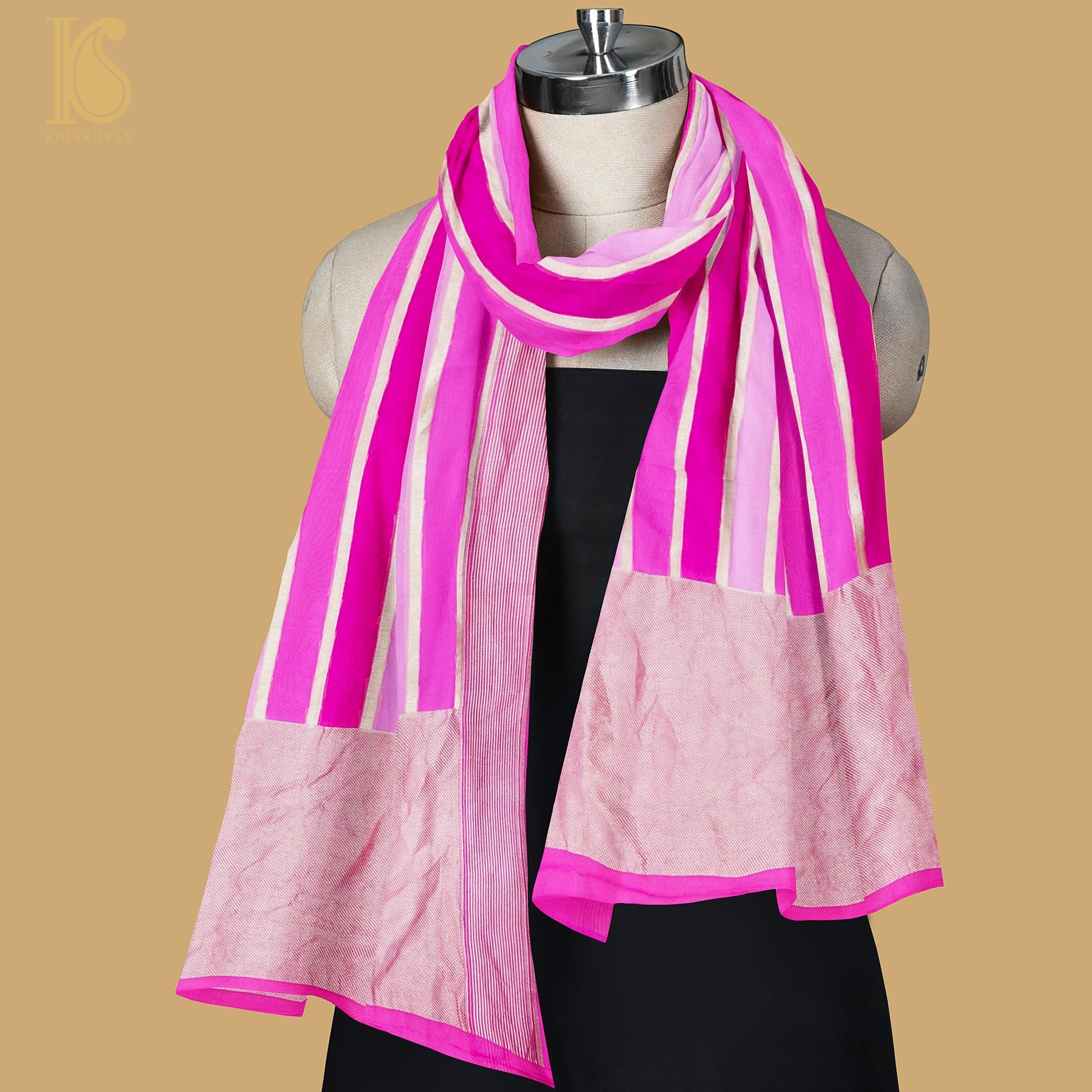 Pink Pure Georgette Handloom Banarasi Stripes Dupatta - Khinkhwab