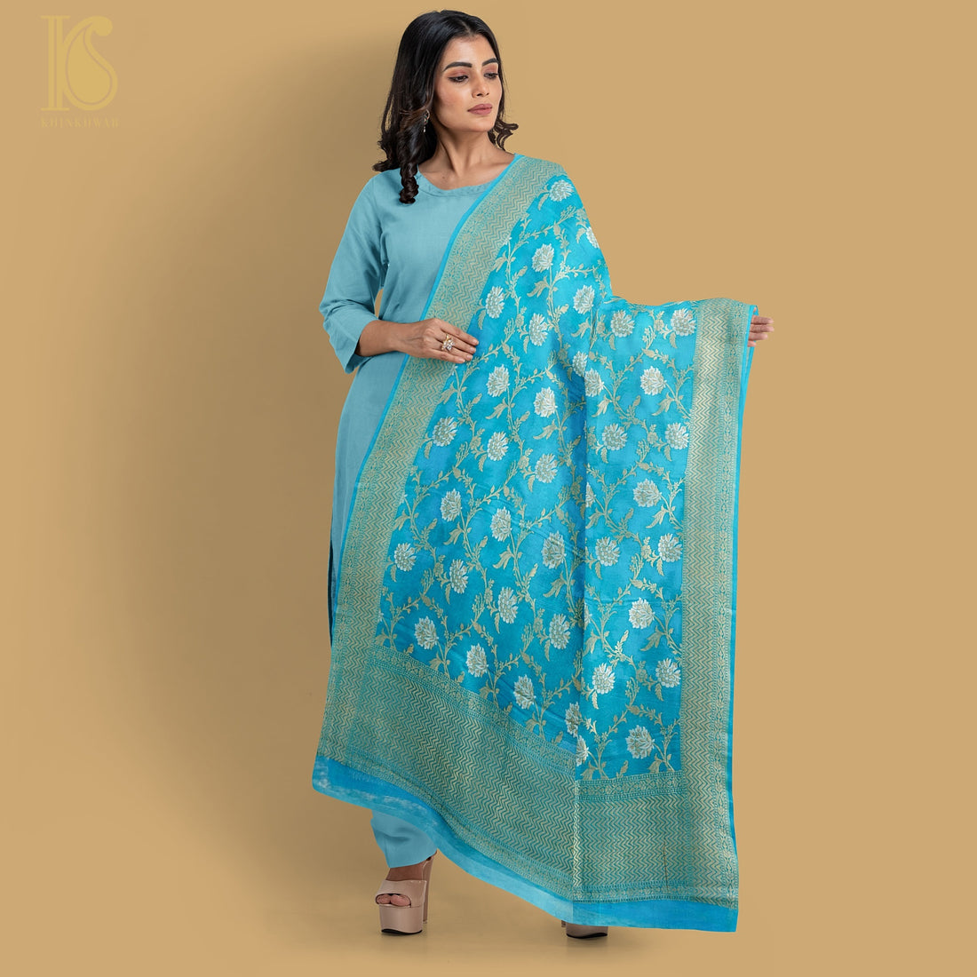 Firozi Pure Georgette Handloom Banarasi Dupatta - Preorder - Khinkhwab