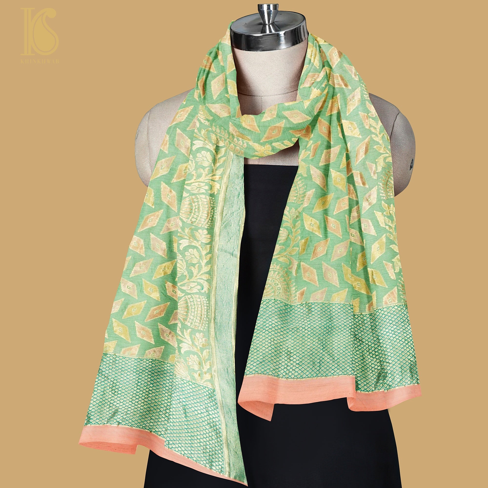 Green Pure Moonga Silk Handloom Banarasi Dupatta - Khinkhwab
