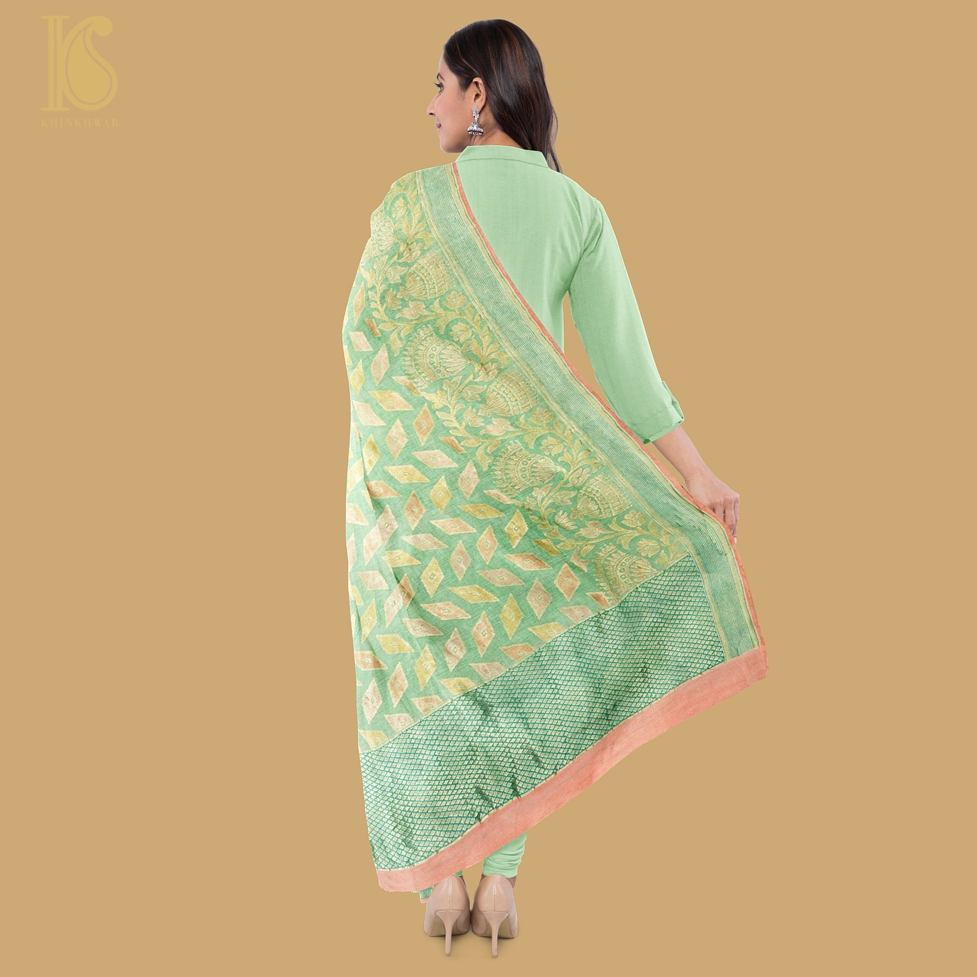 Green Pure Moonga Silk Handloom Banarasi Dupatta - Khinkhwab