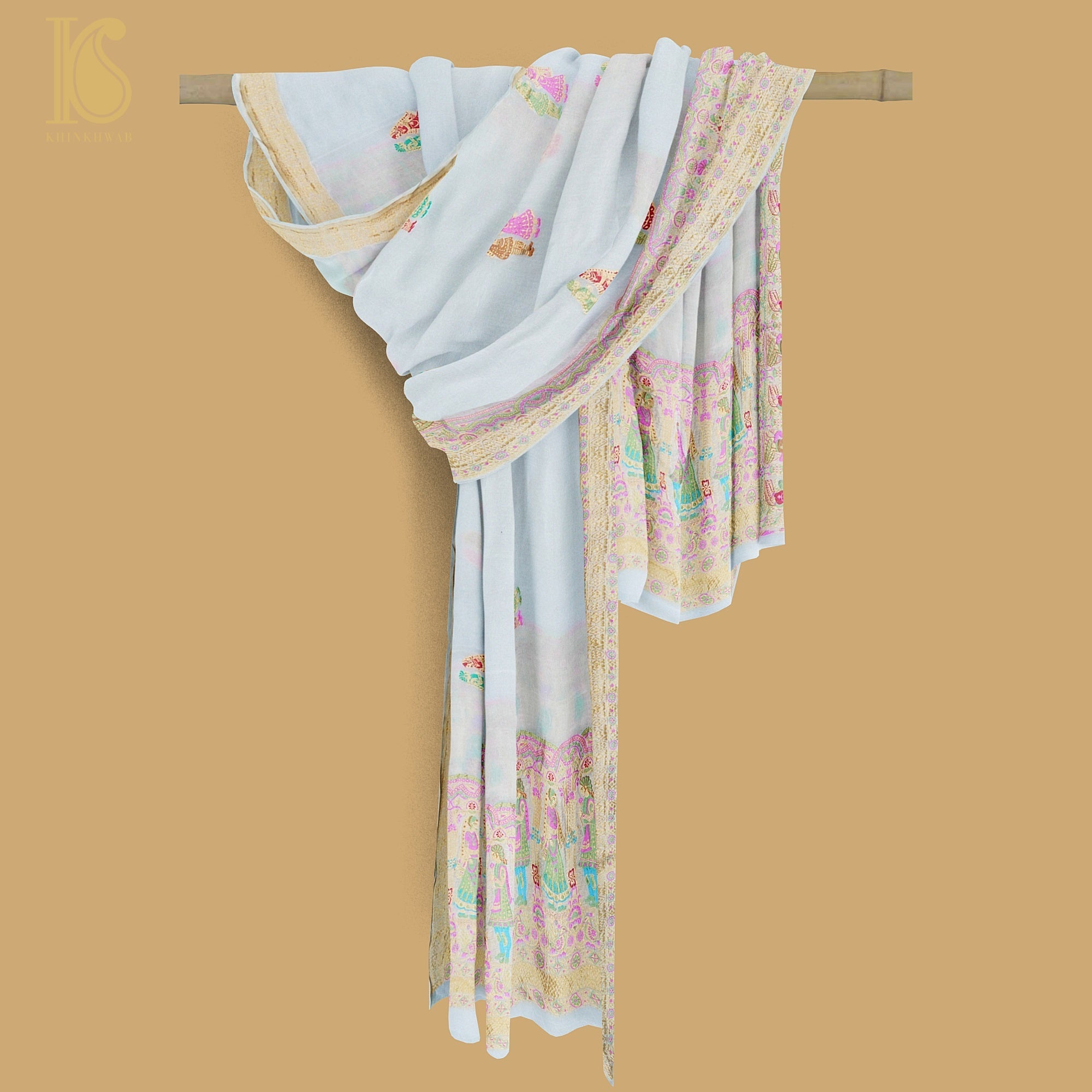 White Pure Georgette Handloom Banarasi Raja Rani Dupatta - Dyeable - Khinkhwab