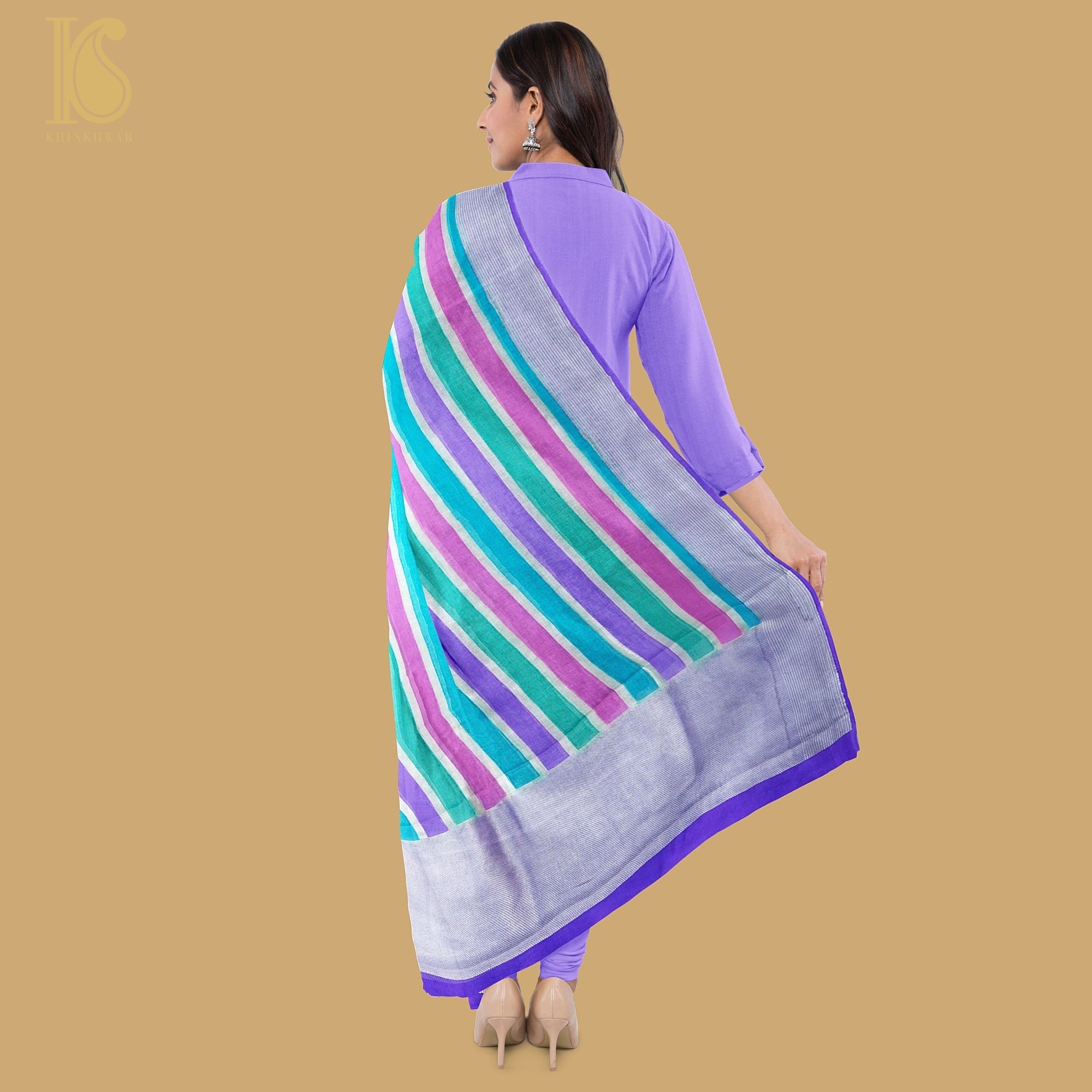Multicolor Pure Georgette Handloom Banarasi Stripes Dupatta - Khinkhwab