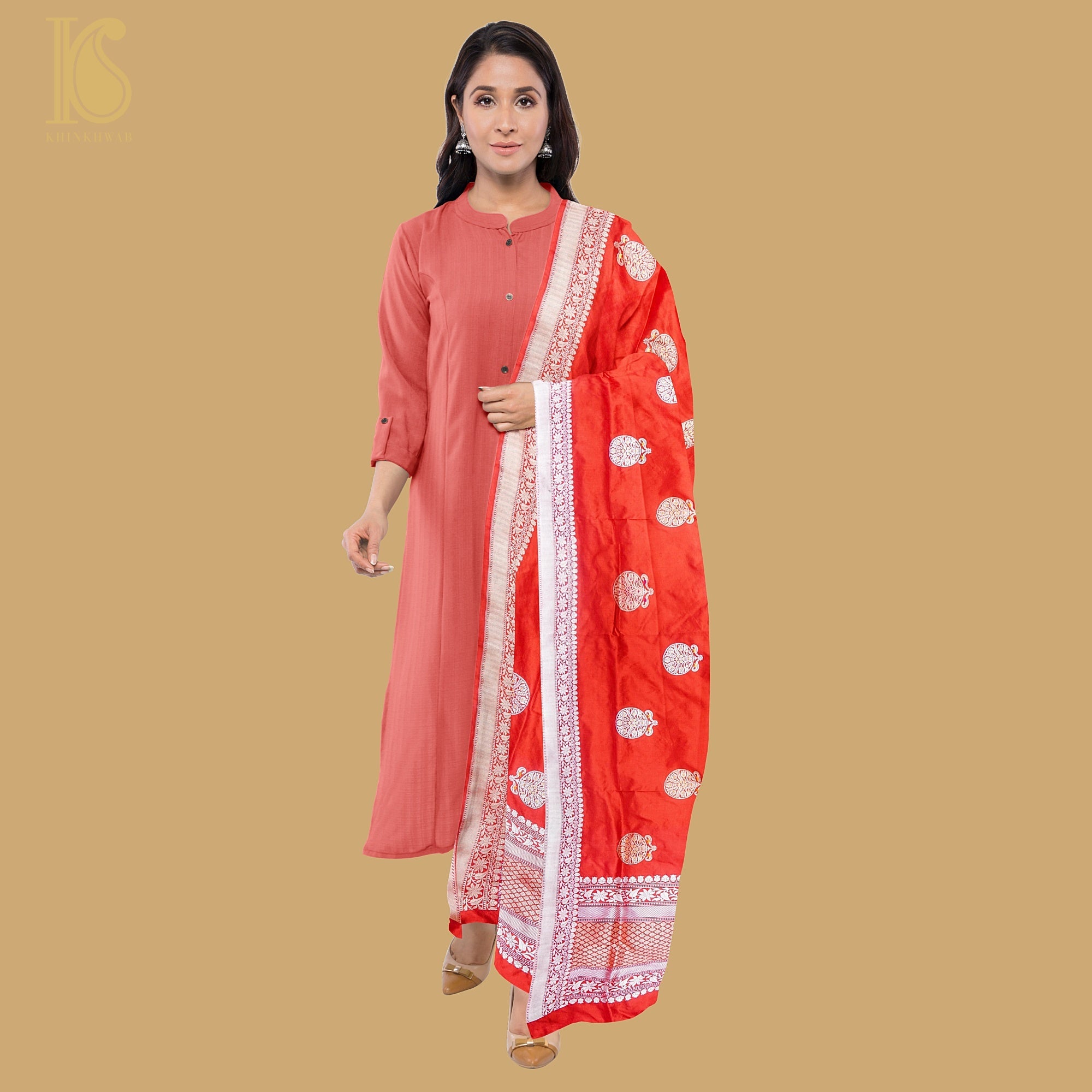 Red Pure Katan Silk Handloom Kadwa Boota Banarasi Dupatta - Khinkhwab