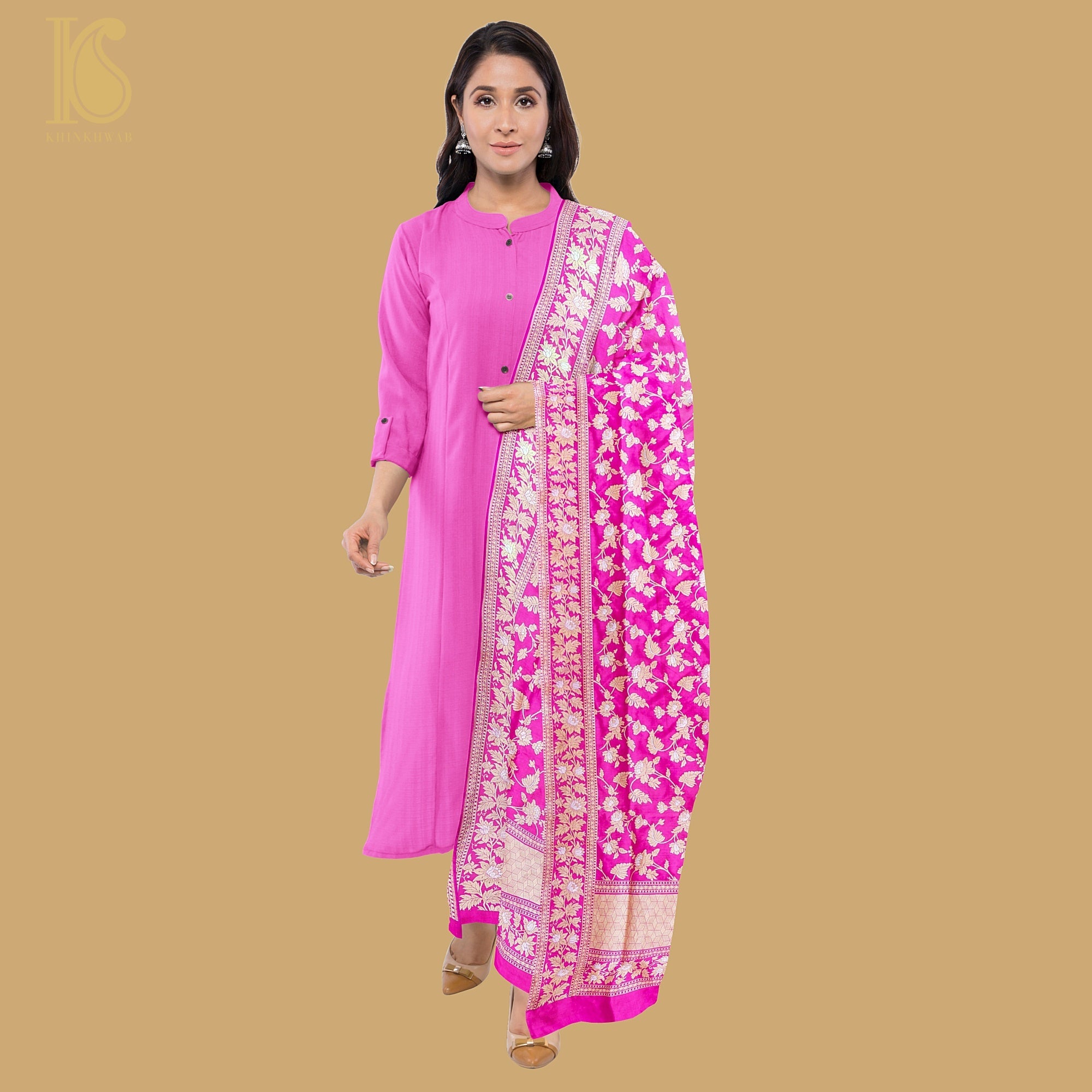 Magenta Pure Katan Silk Handloom Kadwa Jaal Banarasi Dupatta - Khinkhwab