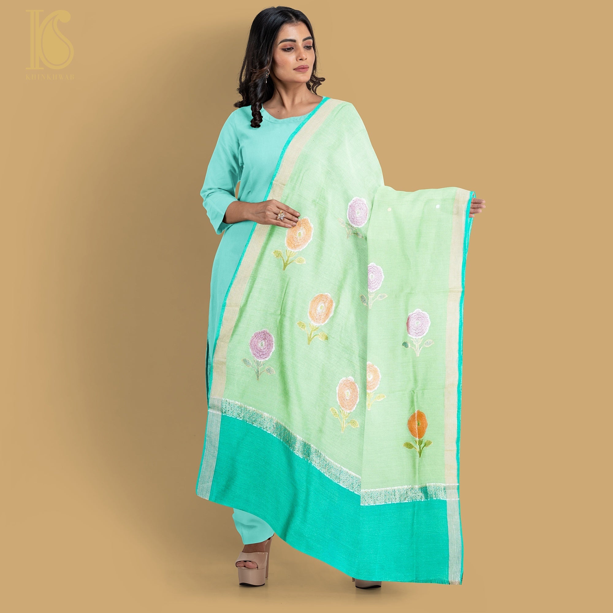 Handloom Moonga Silk Banarasi Green Dupatta - Khinkhwab