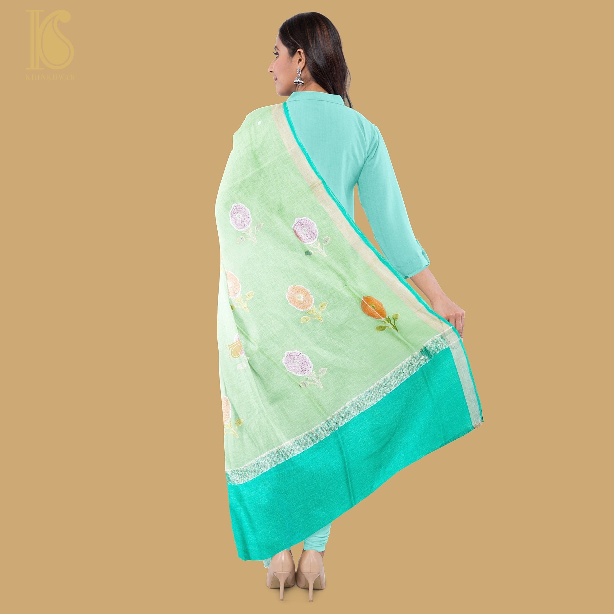 Handloom Moonga Silk Banarasi Green Dupatta - Khinkhwab