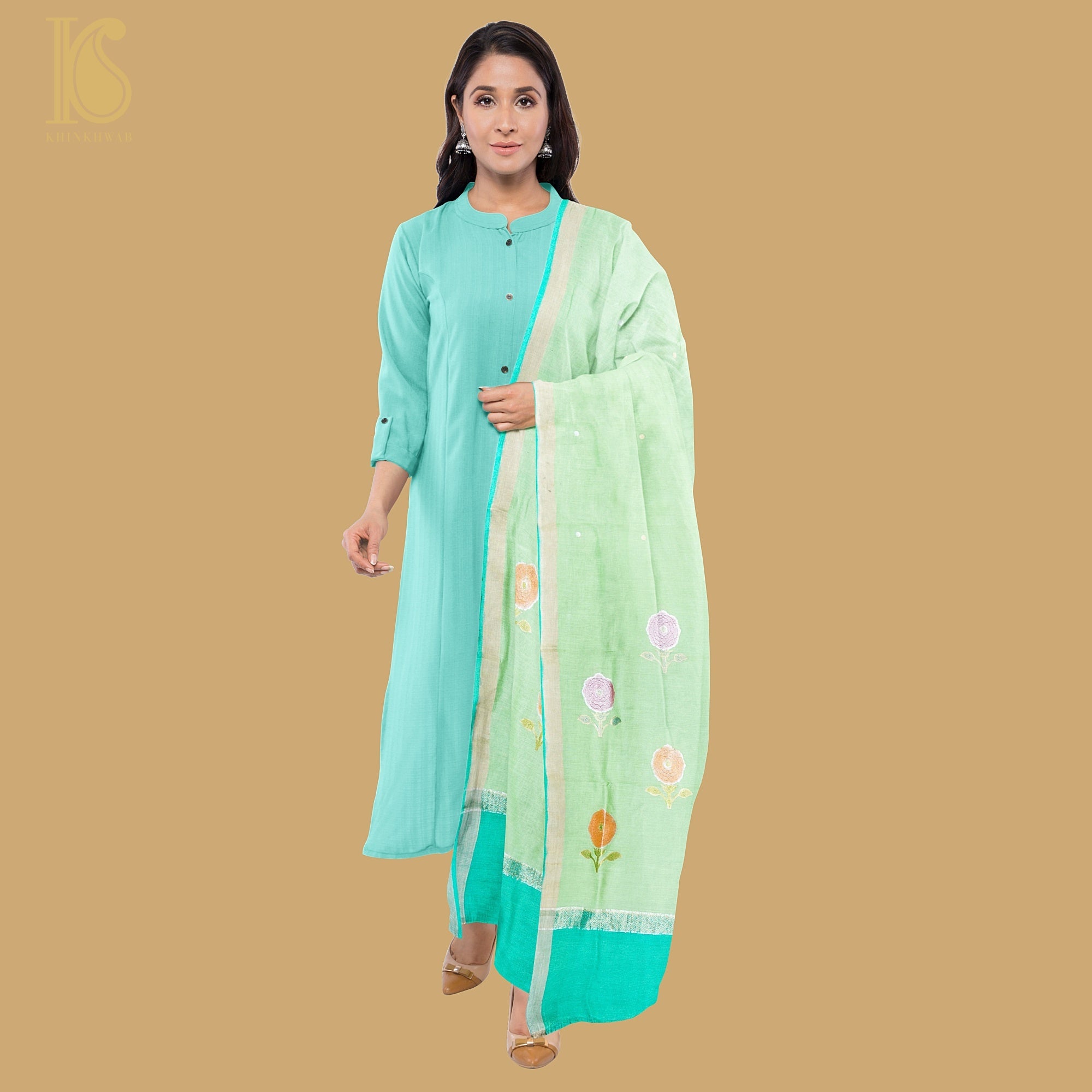 Handloom Moonga Silk Banarasi Green Dupatta - Khinkhwab