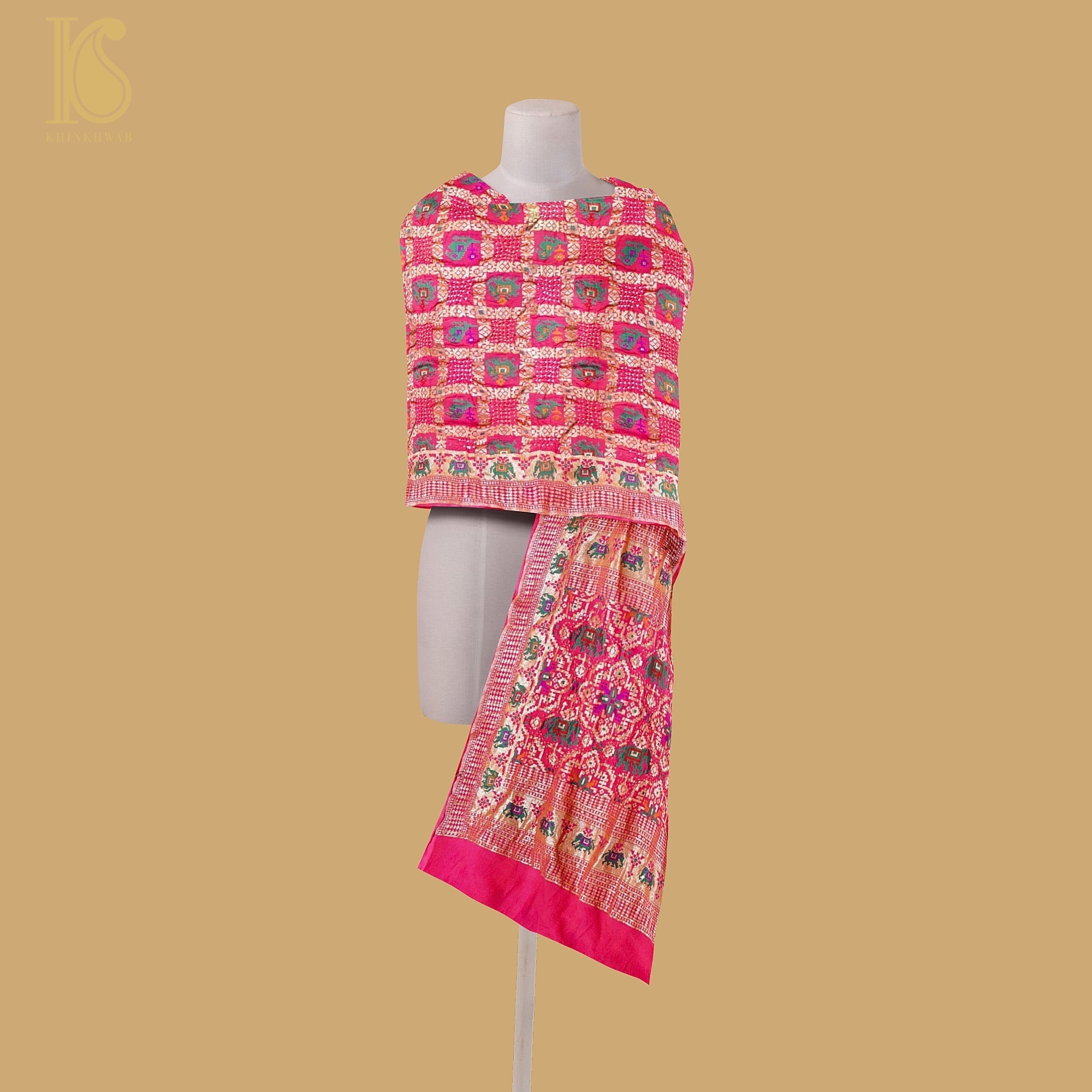 Pink Georgette Banarasi Bandhani Elephant & Parrot Dupatta - Khinkhwab