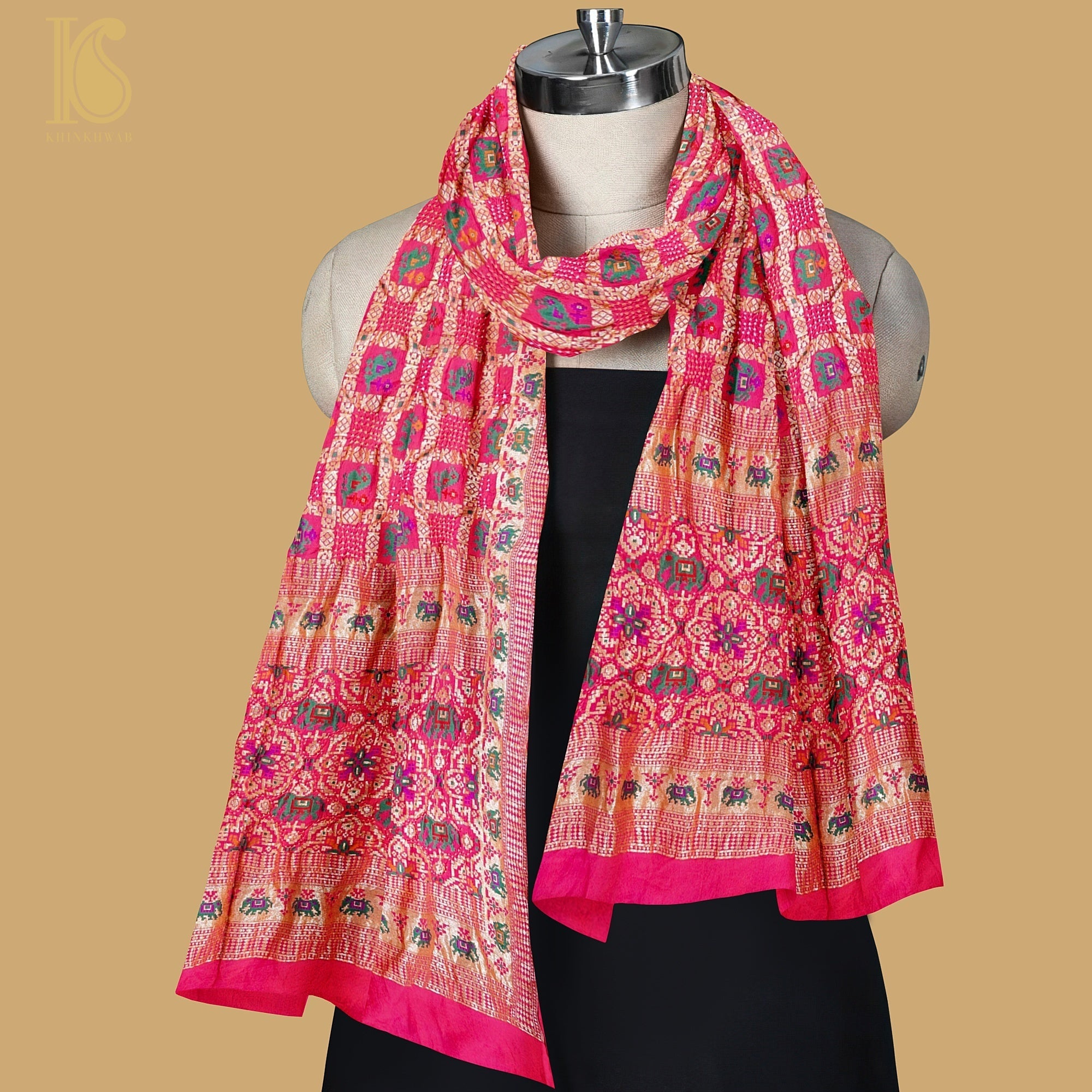 Pink Georgette Banarasi Bandhani Elephant & Parrot Dupatta - Khinkhwab