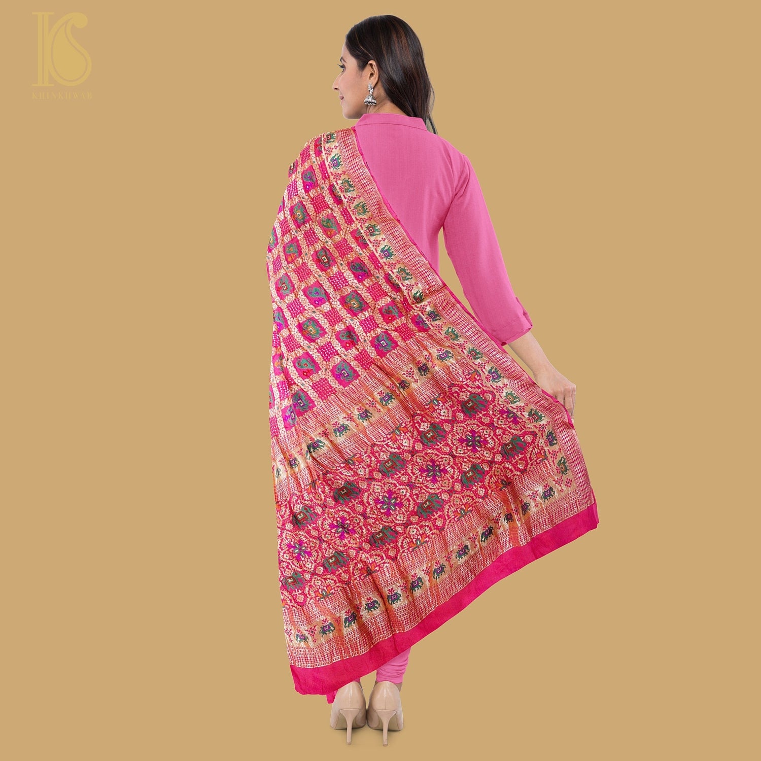 Pink Georgette Banarasi Bandhani Elephant & Parrot Dupatta - Khinkhwab