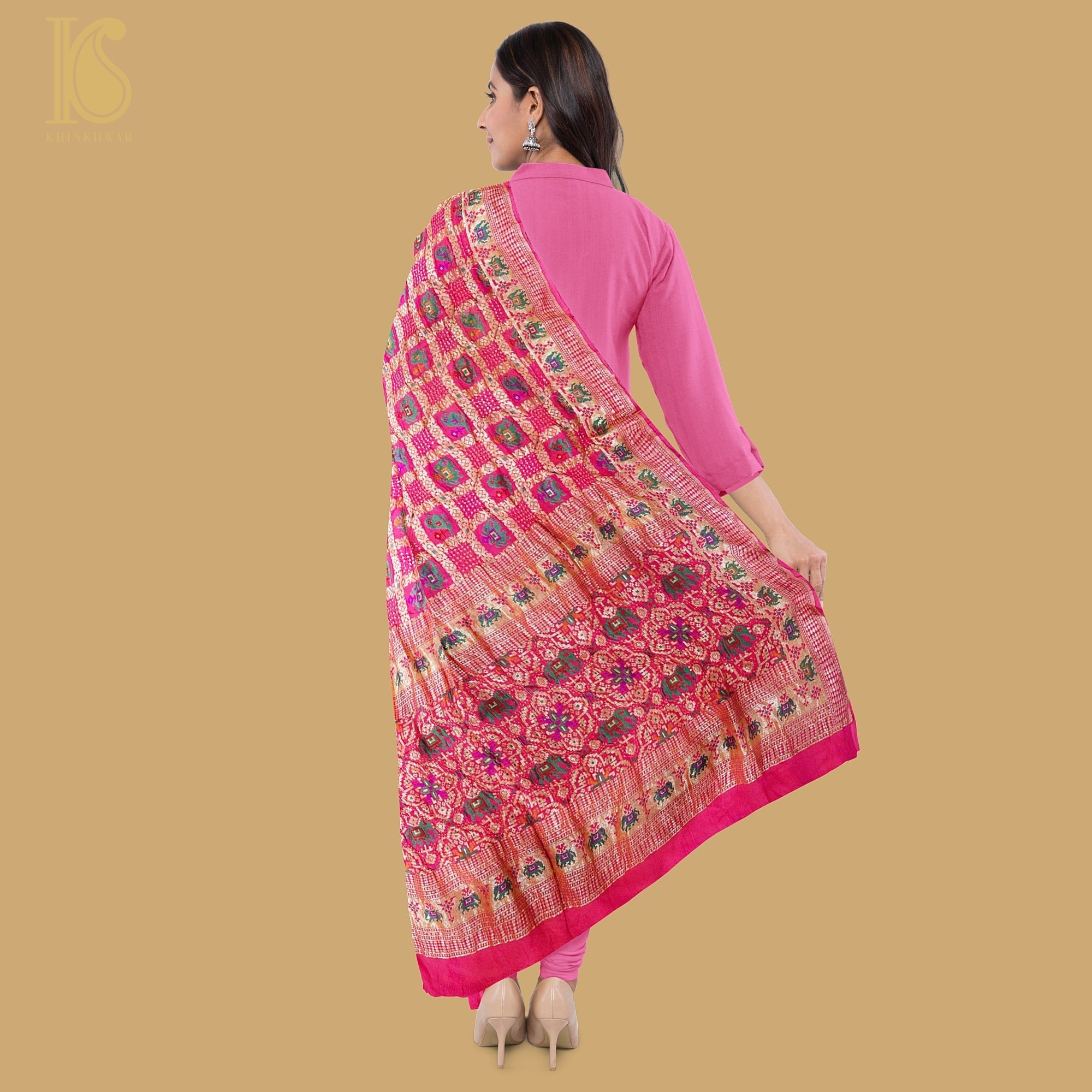 Pink Georgette Banarasi Bandhani Elephant & Parrot Dupatta - Khinkhwab