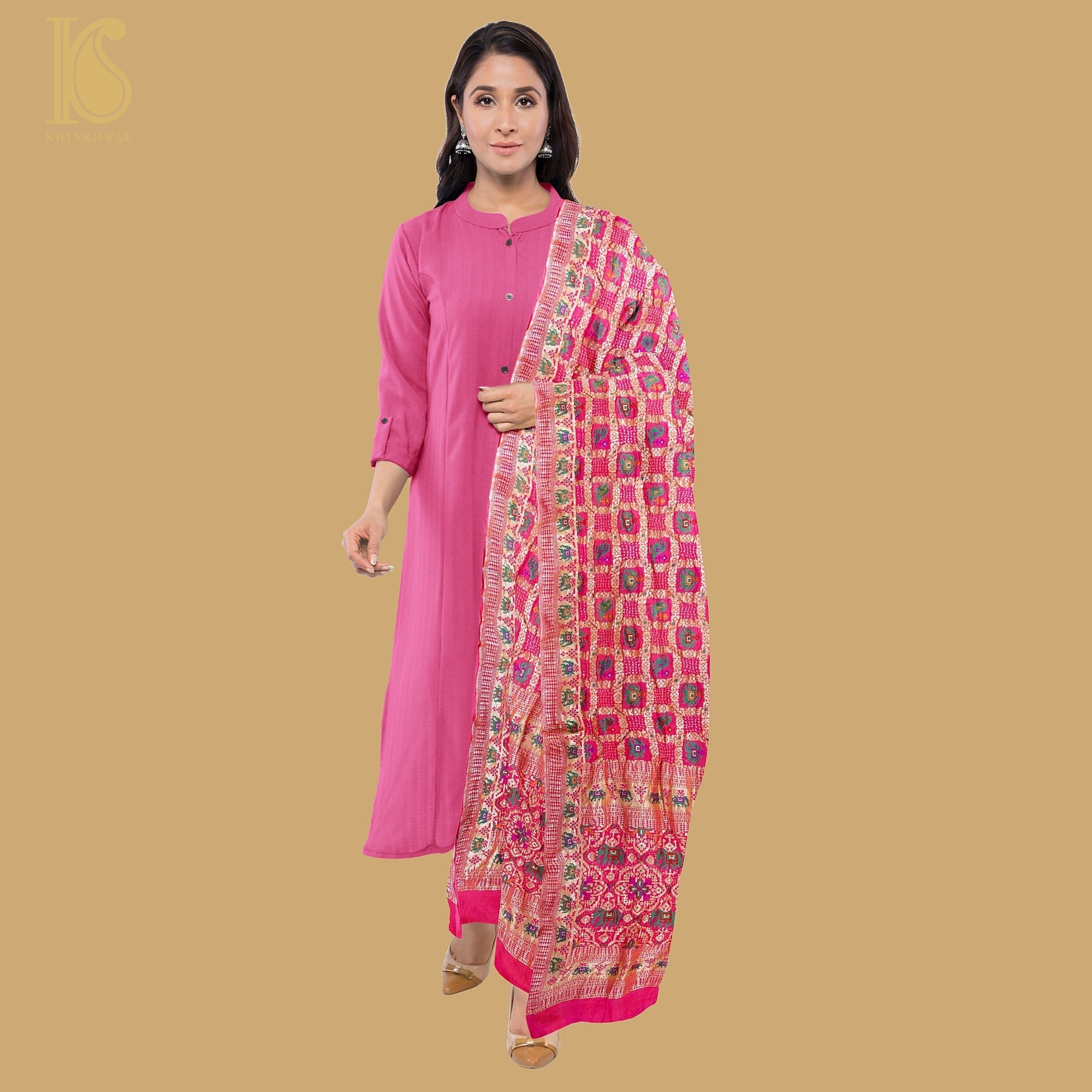 Pink Georgette Banarasi Bandhani Elephant & Parrot Dupatta - Khinkhwab