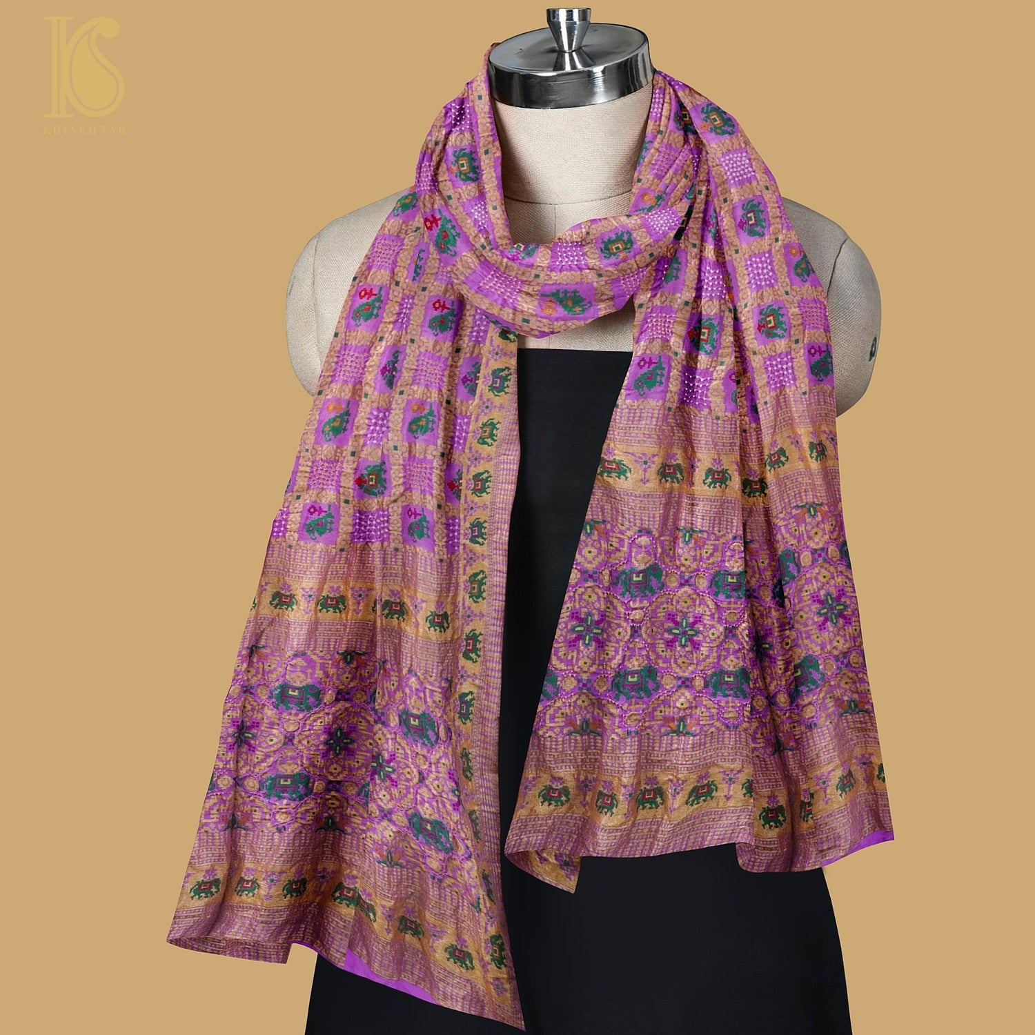 Purple Georgette Banarasi Bandhani Elephant & Parrot Dupatta - Khinkhwab