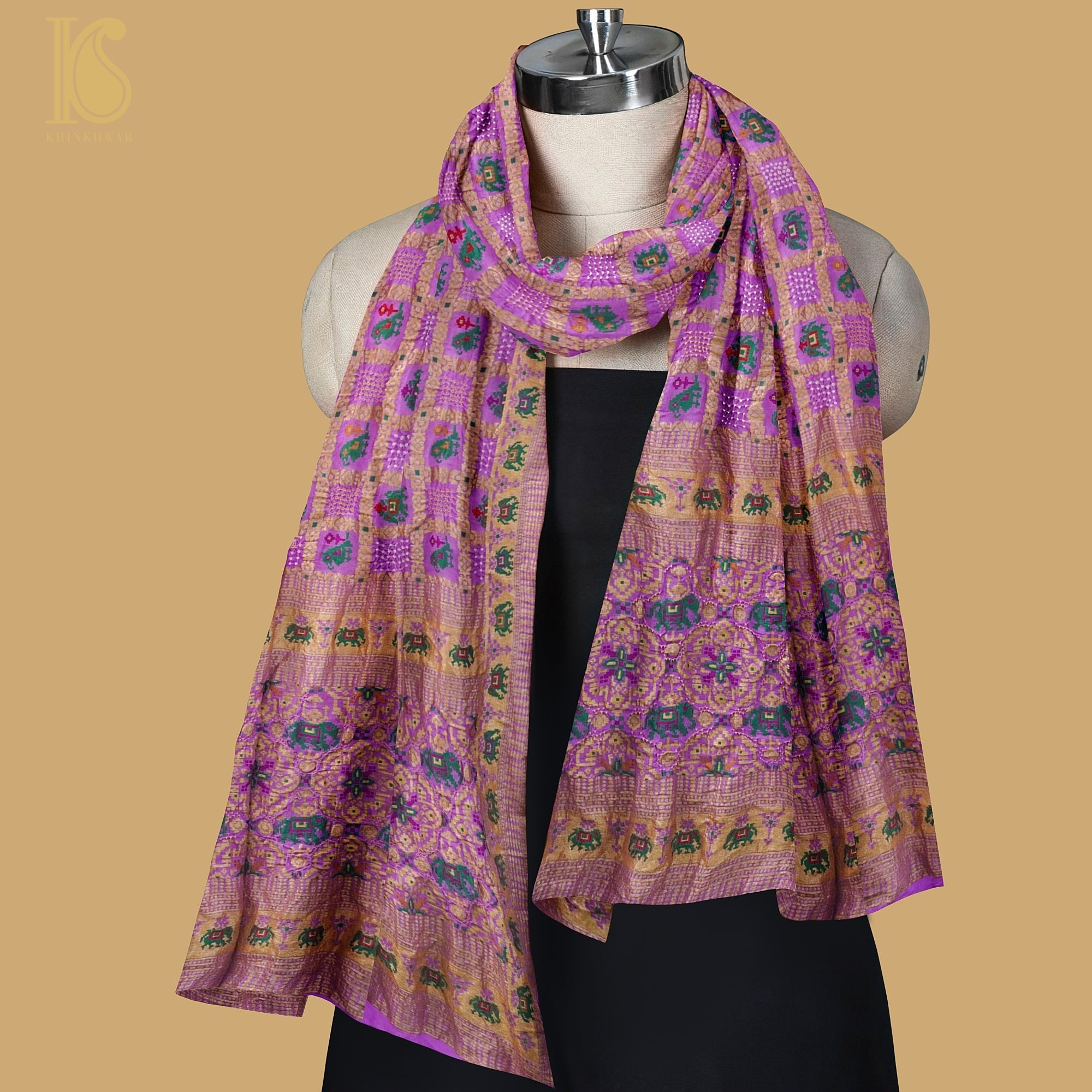 Purple Georgette Banarasi Bandhani Elephant & Parrot Dupatta - Khinkhwab