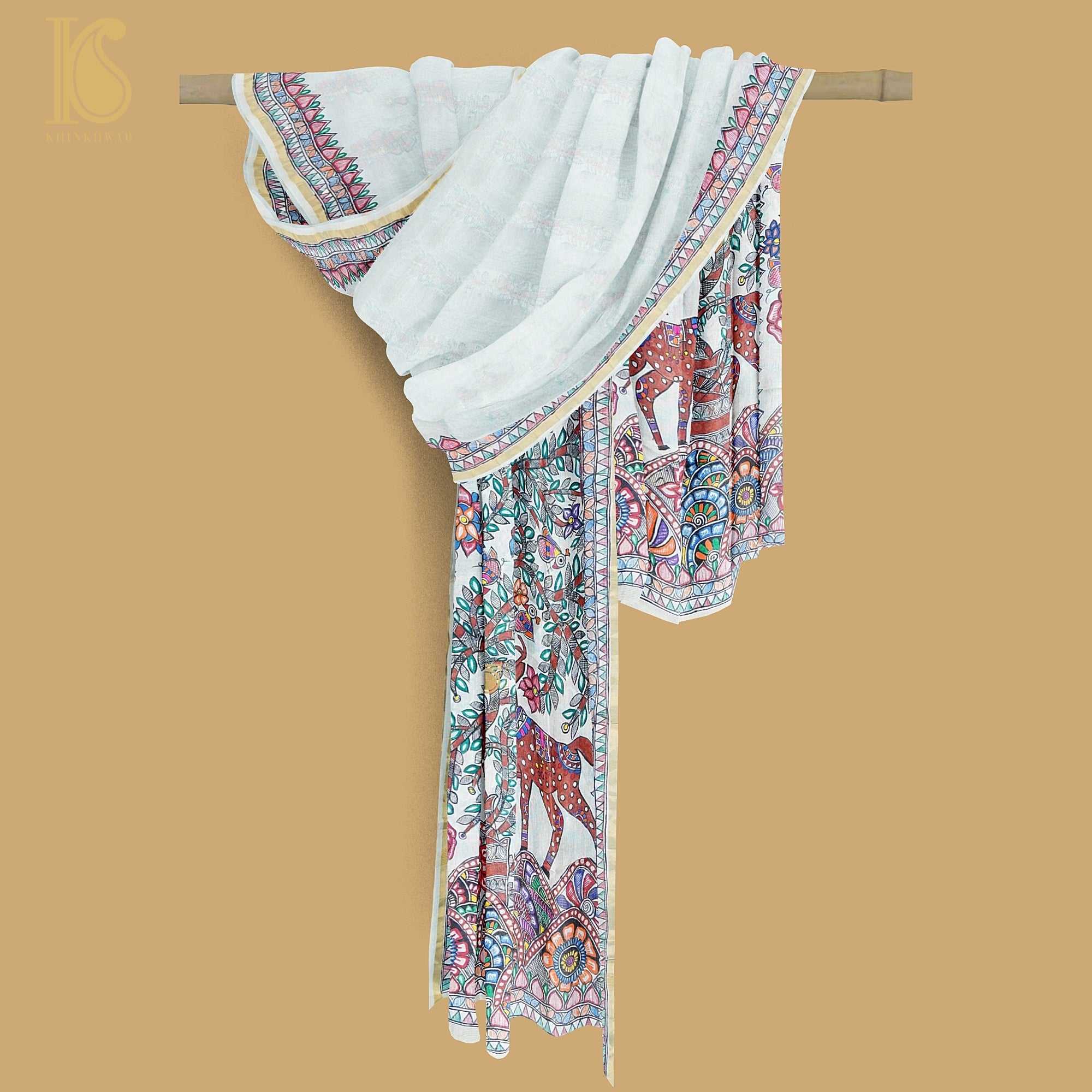 White Pure Tussar Silk Hand Painted Madhubani Deer Dupatta - Khinkhwab