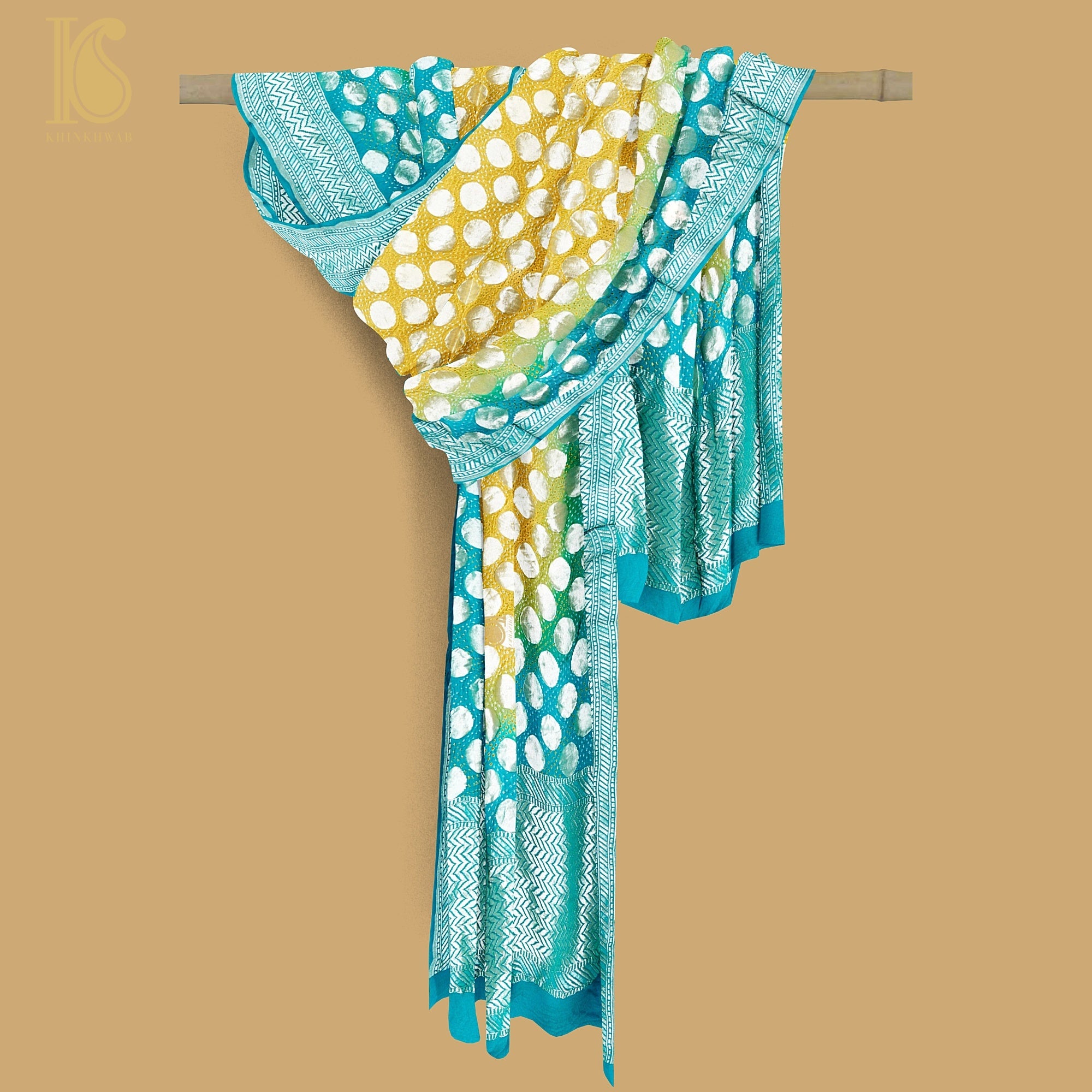 Green & Yellow Georgette Handloom Banarasi Bandhani Circle Dupatta - Khinkhwab