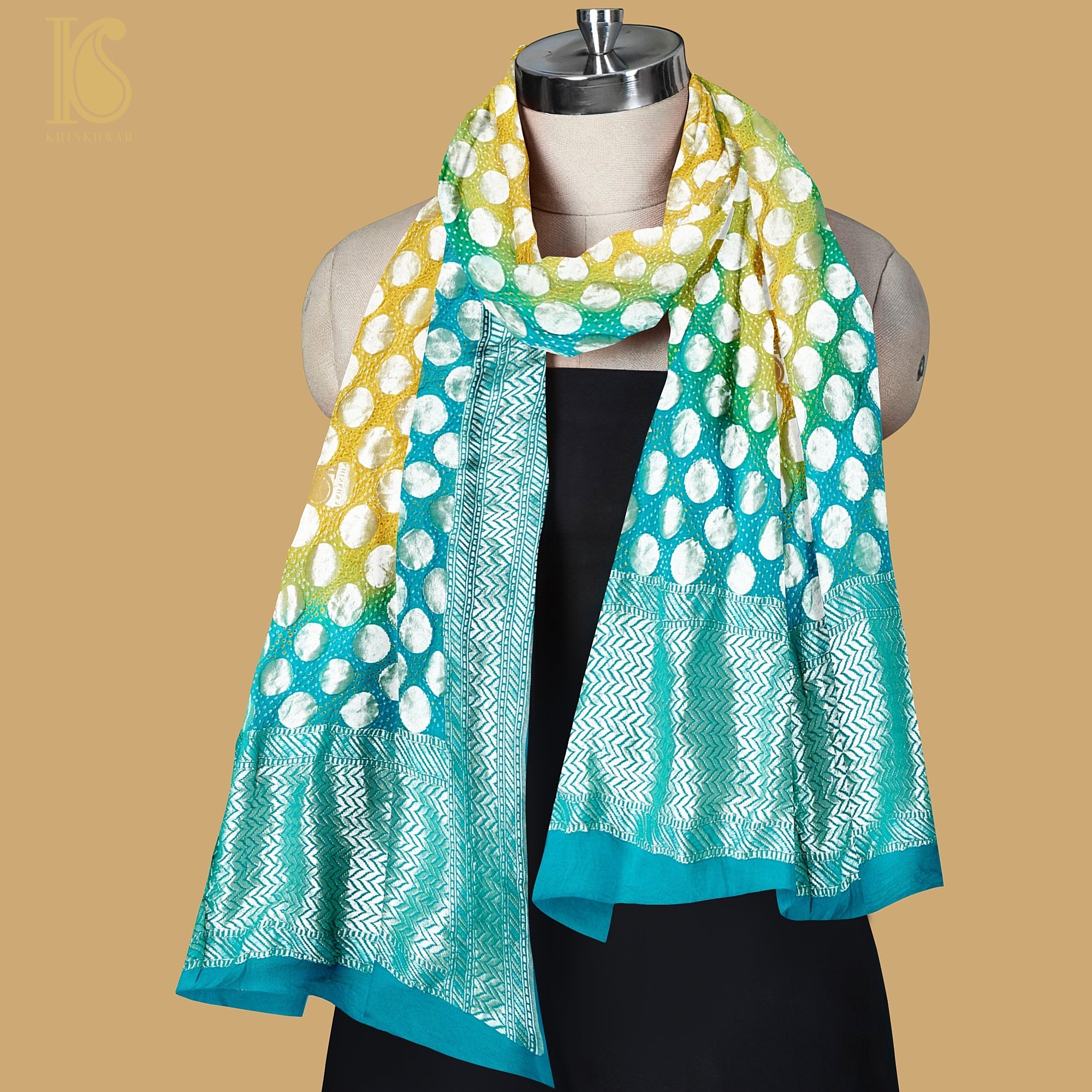 Green & Yellow Georgette Handloom Banarasi Bandhani Circle Dupatta - Khinkhwab
