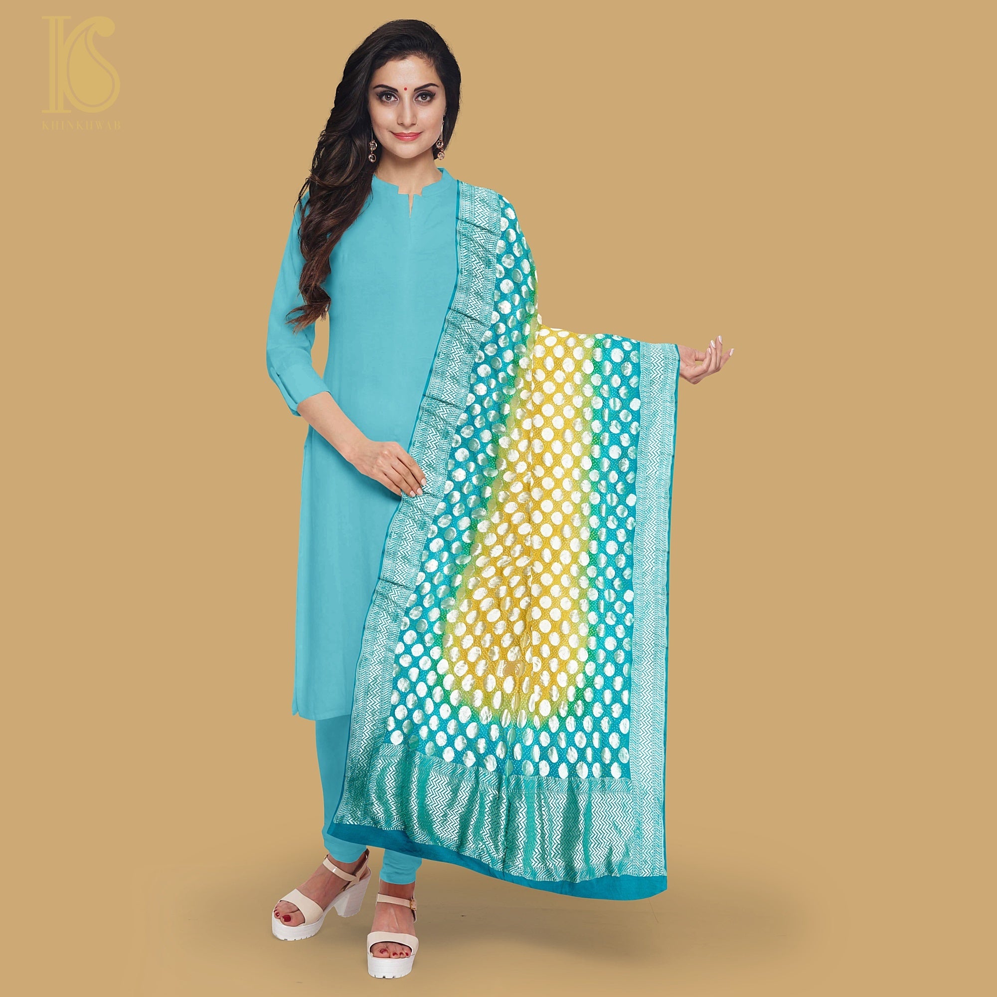 Green & Yellow Georgette Handloom Banarasi Bandhani Circle Dupatta - Khinkhwab