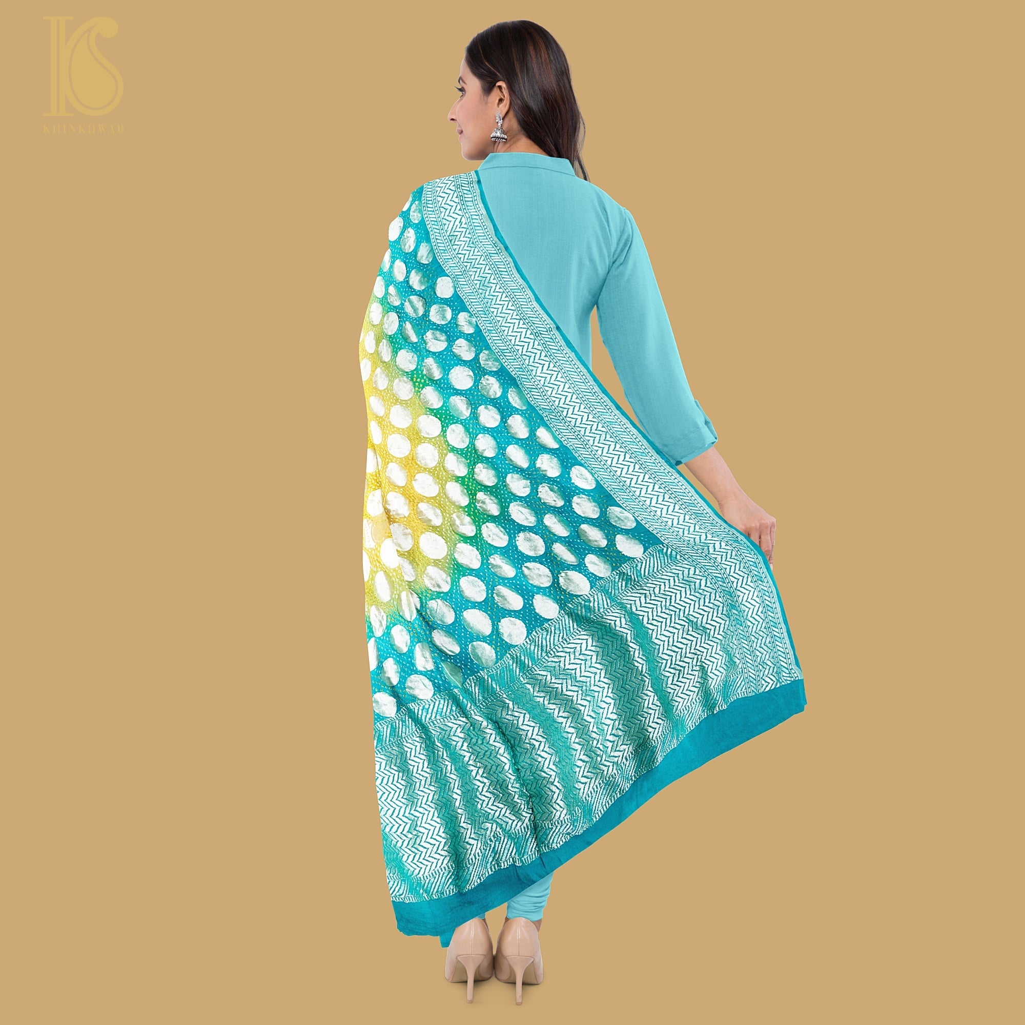 Green & Yellow Georgette Handloom Banarasi Bandhani Circle Dupatta - Khinkhwab