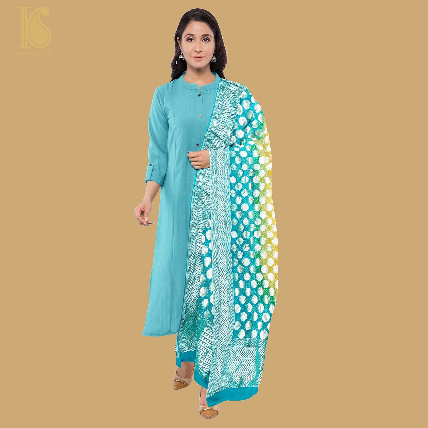Green & Yellow Georgette Handloom Banarasi Bandhani Circle Dupatta - Khinkhwab