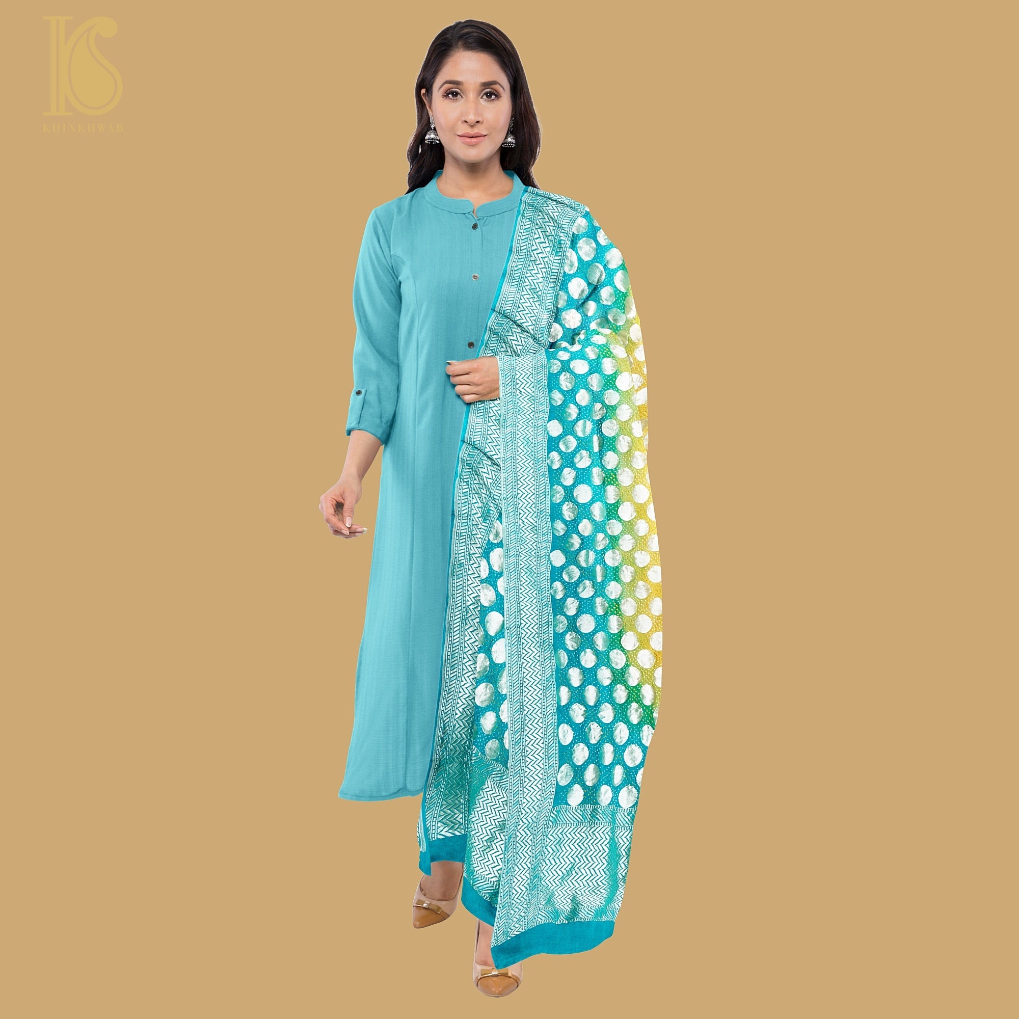 Green & Yellow Georgette Handloom Banarasi Bandhani Circle Dupatta - Khinkhwab