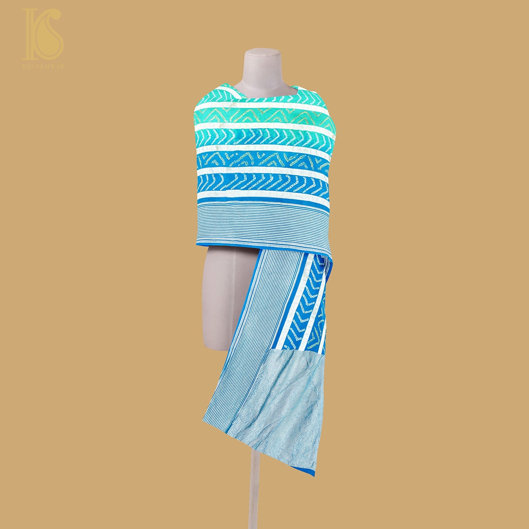 Blue & Green Georgette Handloom Banarasi Bandhani Stripes Dupatta - Preorder - Khinkhwab