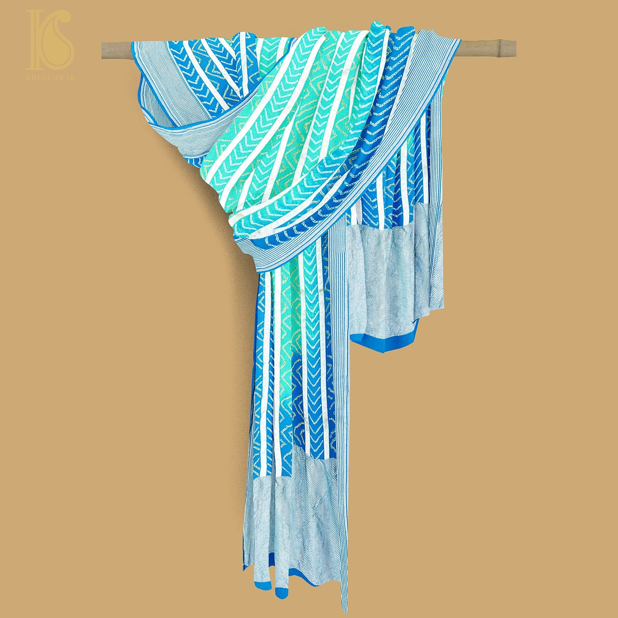 Blue & Green Georgette Handloom Banarasi Bandhani Stripes Dupatta - Preorder - Khinkhwab