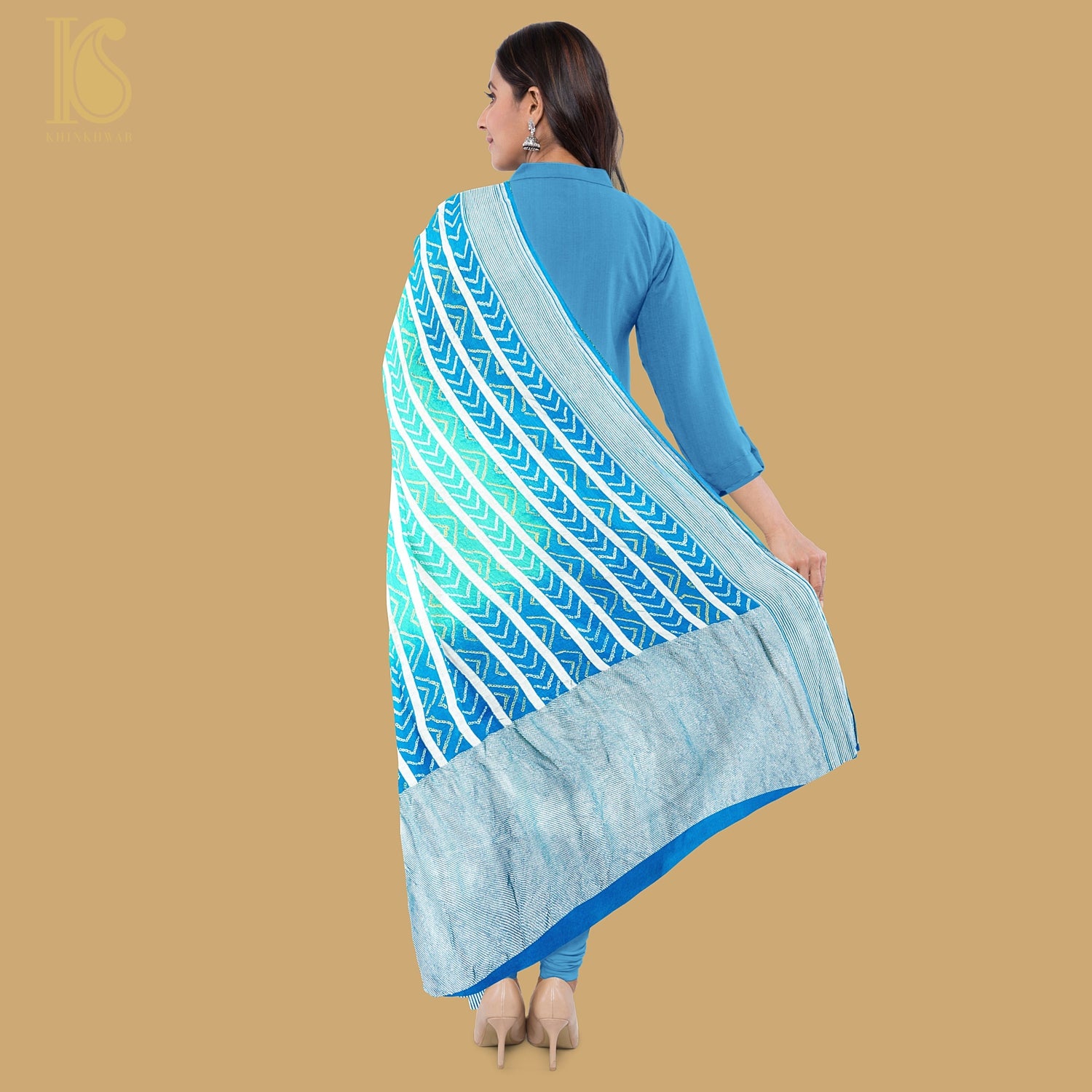 Blue & Green Georgette Handloom Banarasi Bandhani Stripes Dupatta - Preorder - Khinkhwab
