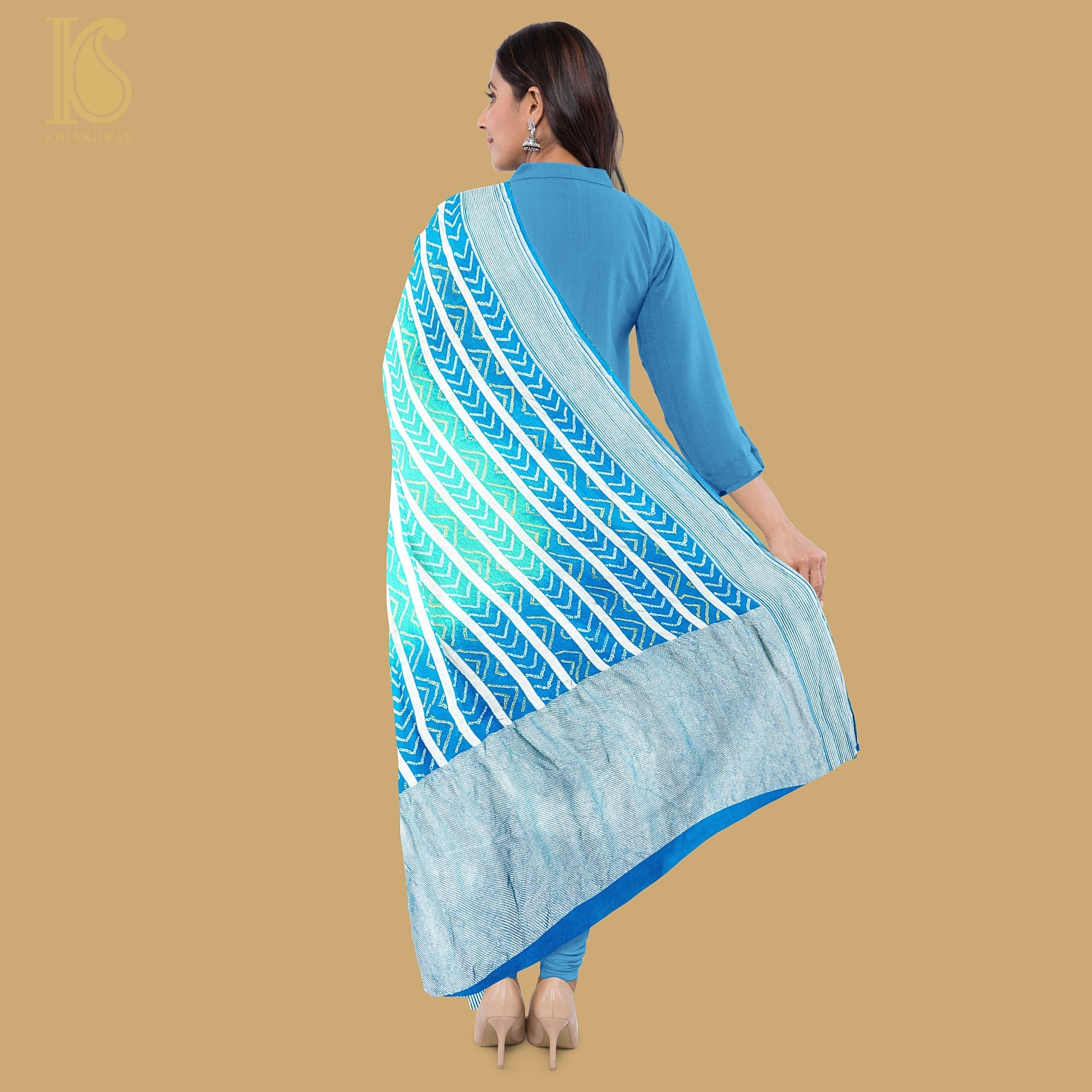 Blue & Green Georgette Handloom Banarasi Bandhani Stripes Dupatta - Preorder - Khinkhwab