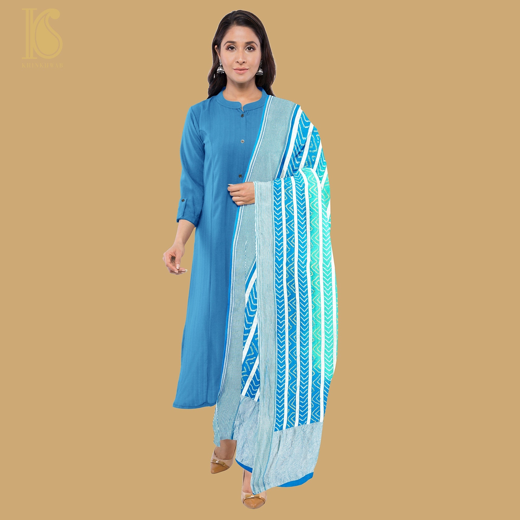 Blue & Green Georgette Handloom Banarasi Bandhani Stripes Dupatta - Preorder - Khinkhwab