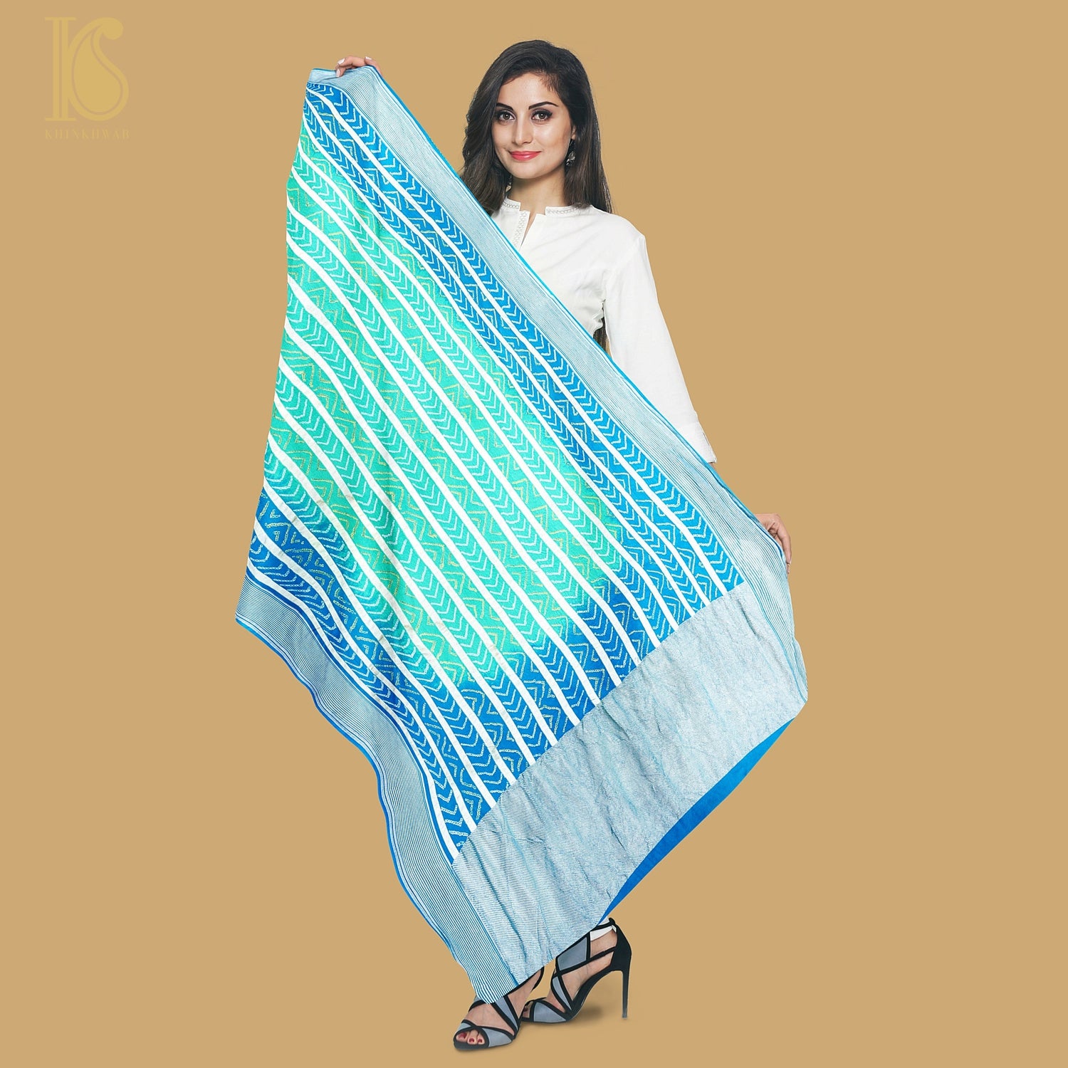 Blue & Green Georgette Handloom Banarasi Bandhani Stripes Dupatta - Preorder - Khinkhwab
