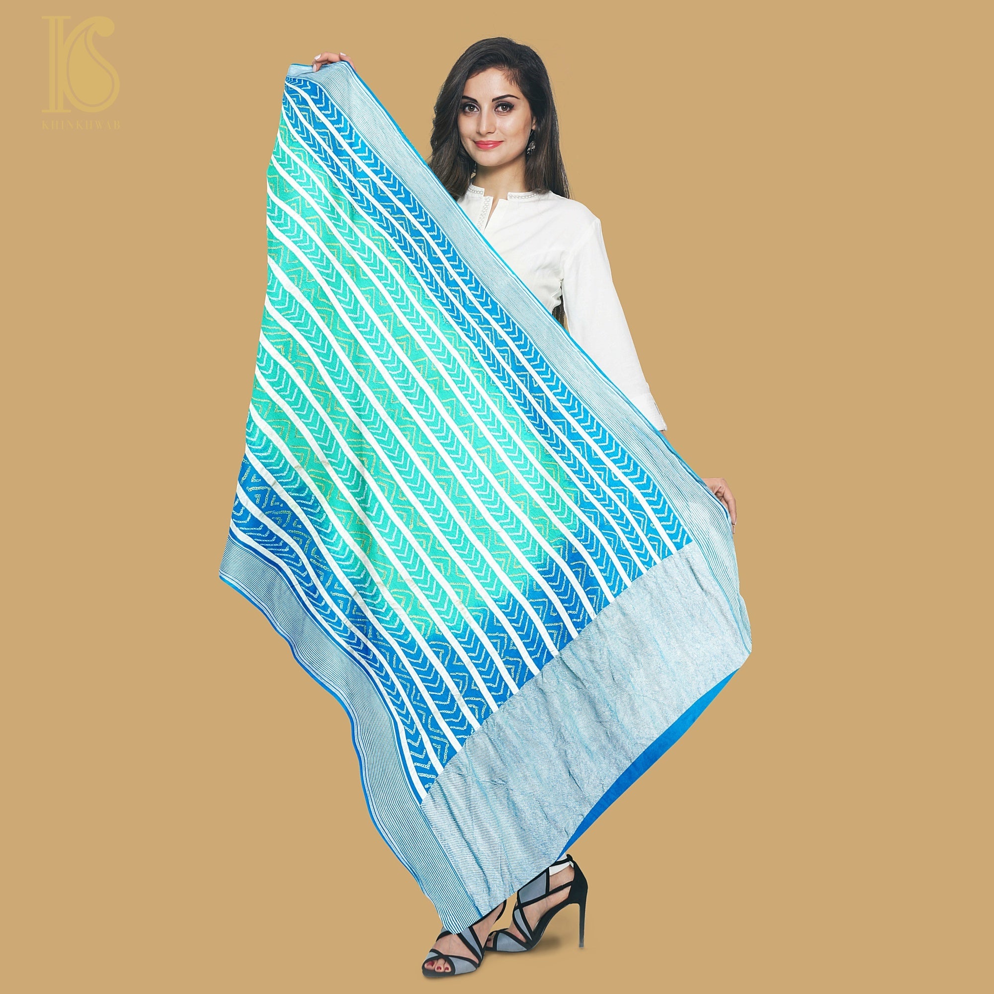 Blue & Green Georgette Handloom Banarasi Bandhani Stripes Dupatta - Preorder - Khinkhwab
