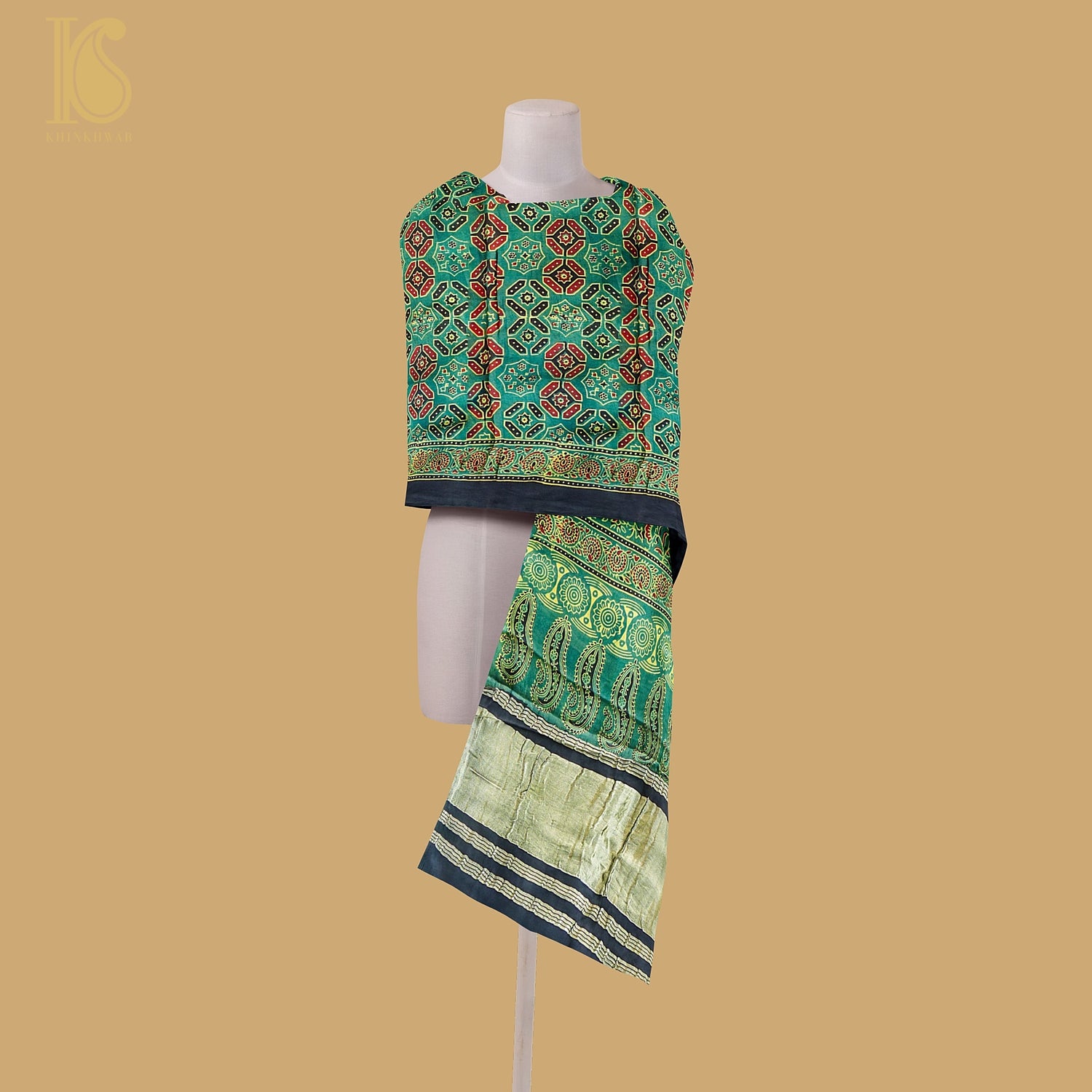 Rain Forest Green Hand Block Ajrakh Modal Silk Dupatta - Khinkhwab