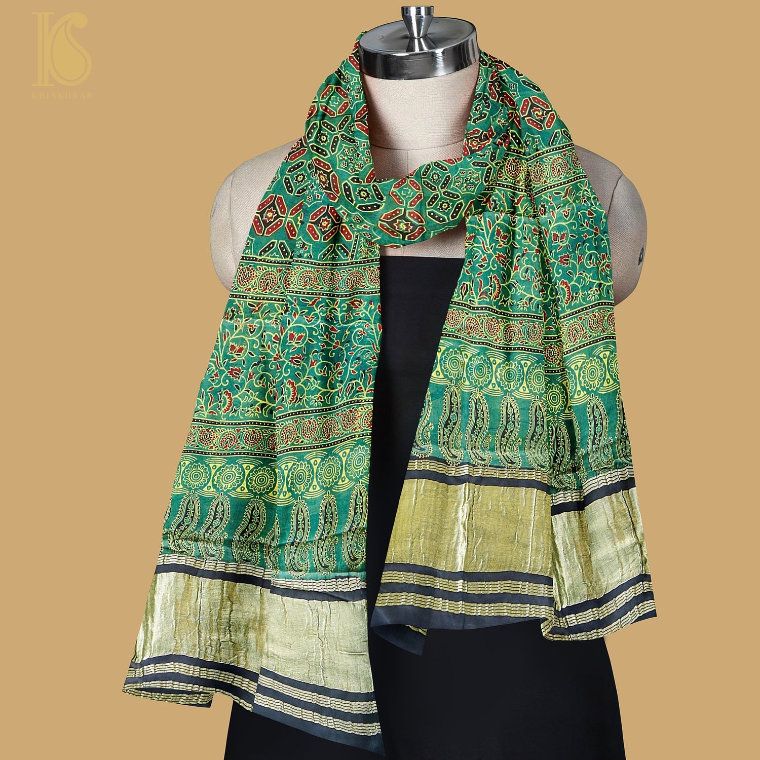 Rain Forest Green Hand Block Ajrakh Modal Silk Dupatta - Khinkhwab