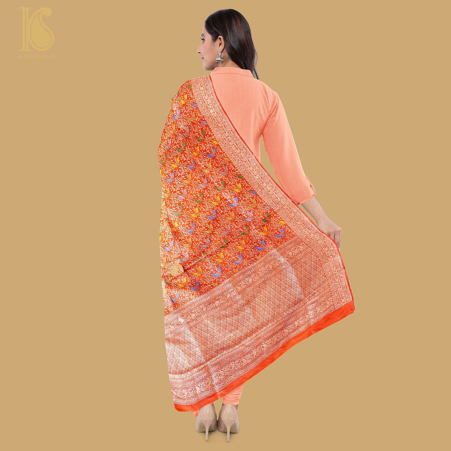 Cinnabar Red Pure Katan Silk Handwoven Banarasi Jaal Chidiya Dupatta - Khinkhwab