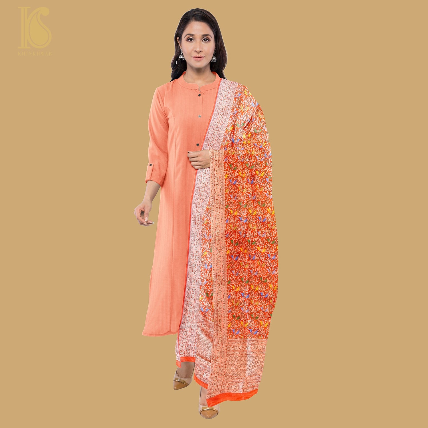 Cinnabar Red Pure Katan Silk Handwoven Banarasi Jaal Chidiya Dupatta - Khinkhwab