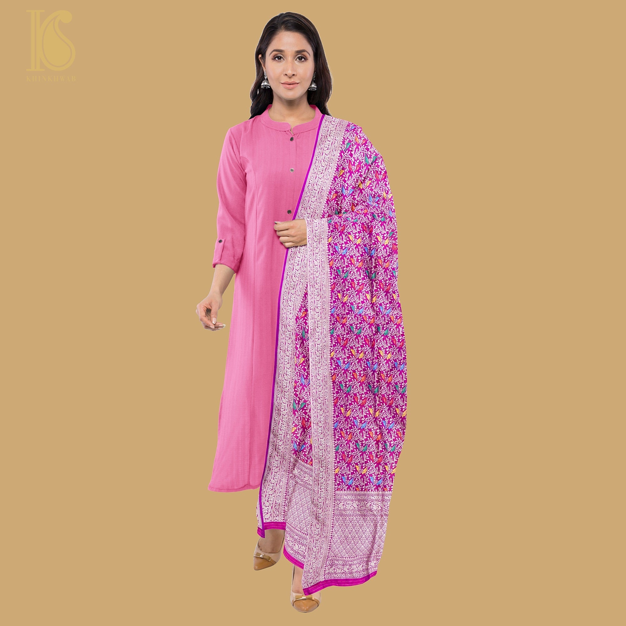 Violet Red Pure Katan Silk Handwoven Banarasi Jaal Chidiya Dupatta - Khinkhwab