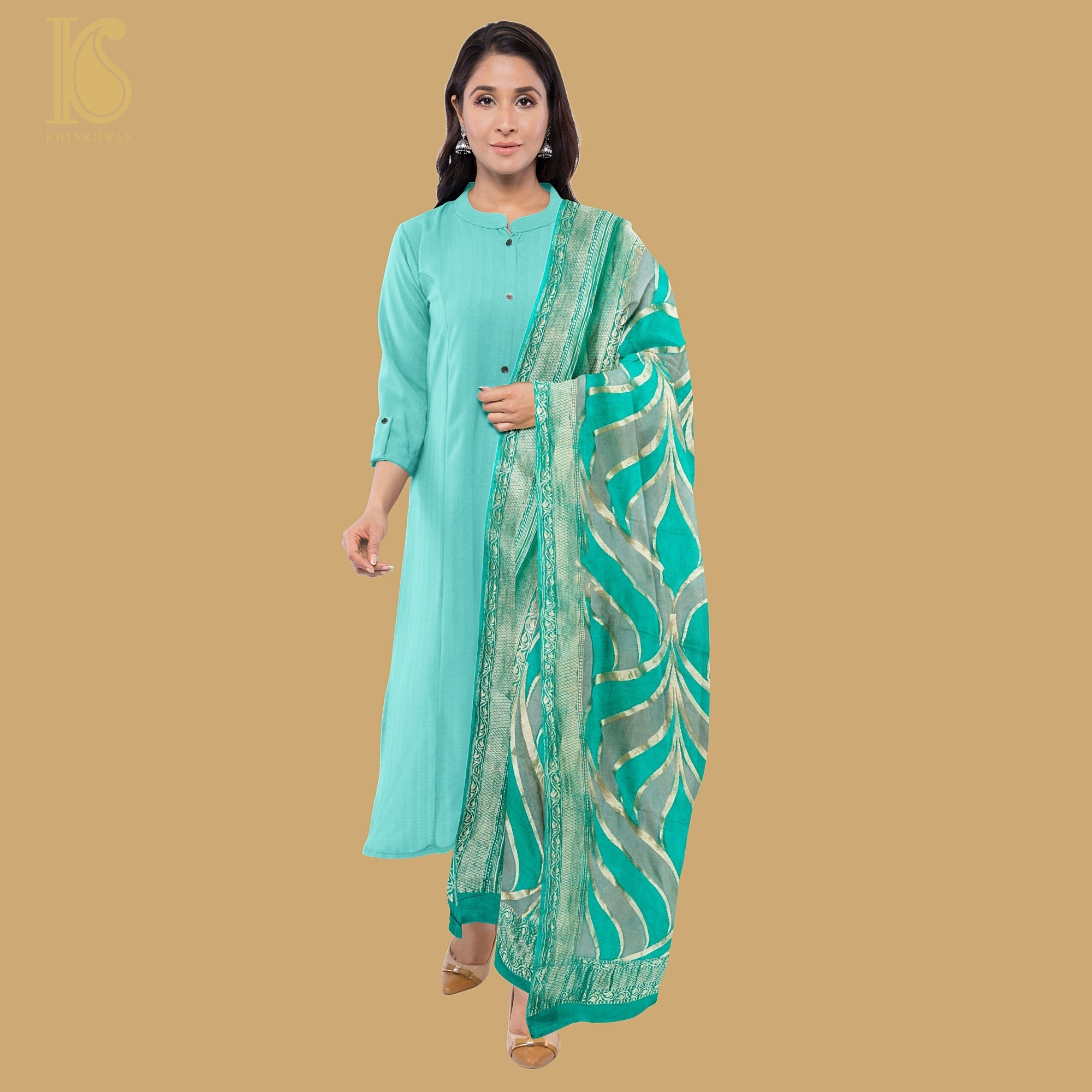 Aquamarine & Mantle Georgette Handloom Banarasi Dupatta - Khinkhwab
