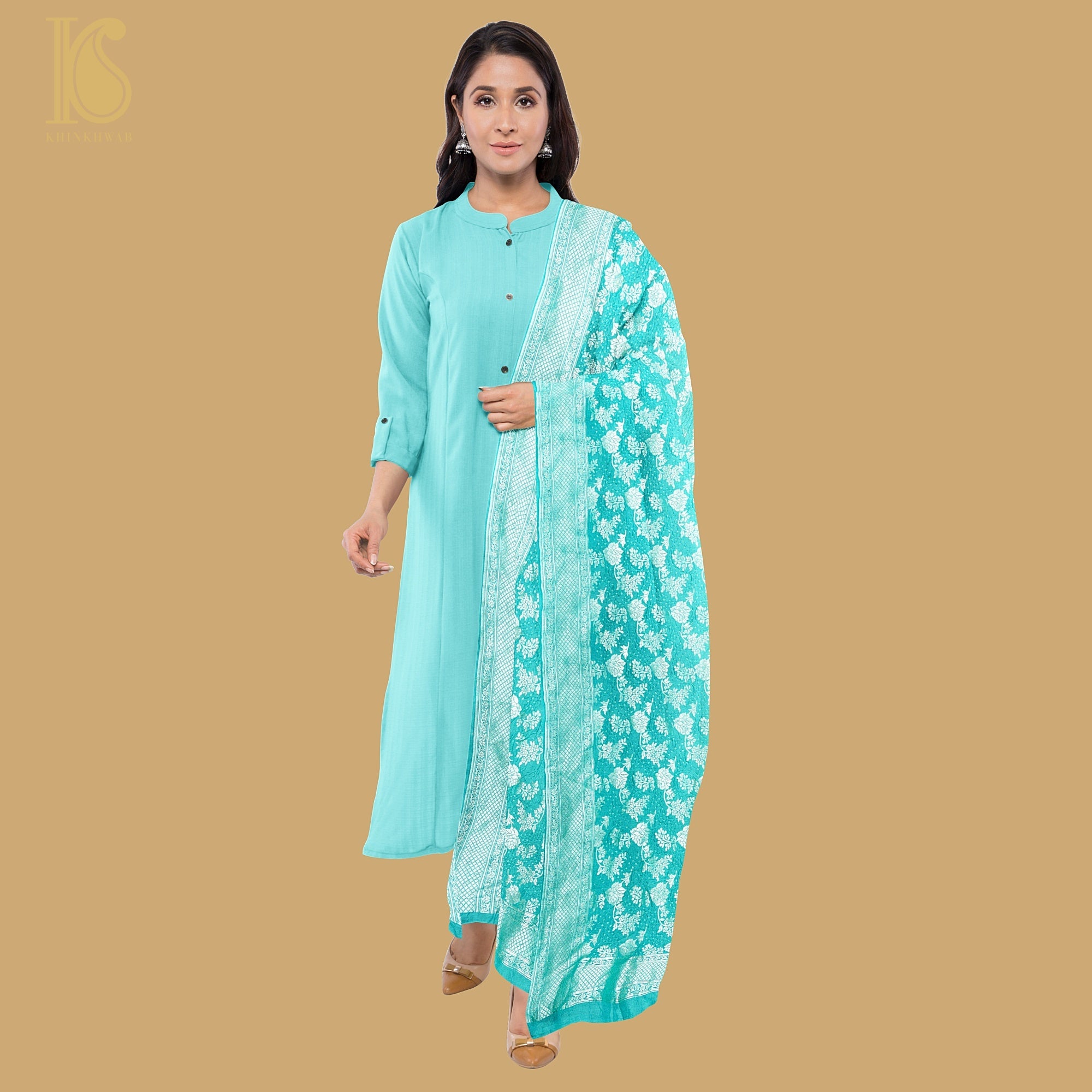 Green Handwoven Banarasi Bandhani Pure Moonga Silk Dupatta - Khinkhwab