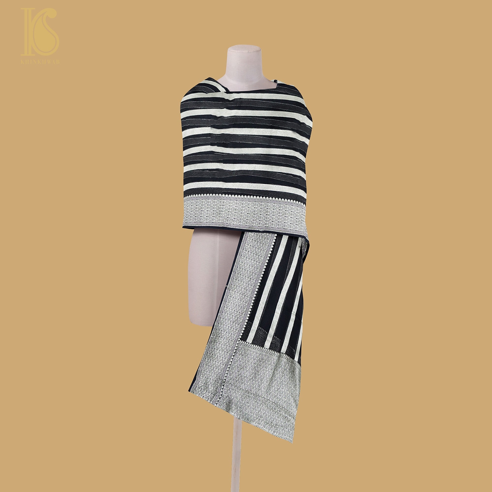 Black Pure Georgette Handloom Banarasi Stripes Dupatta - Khinkhwab
