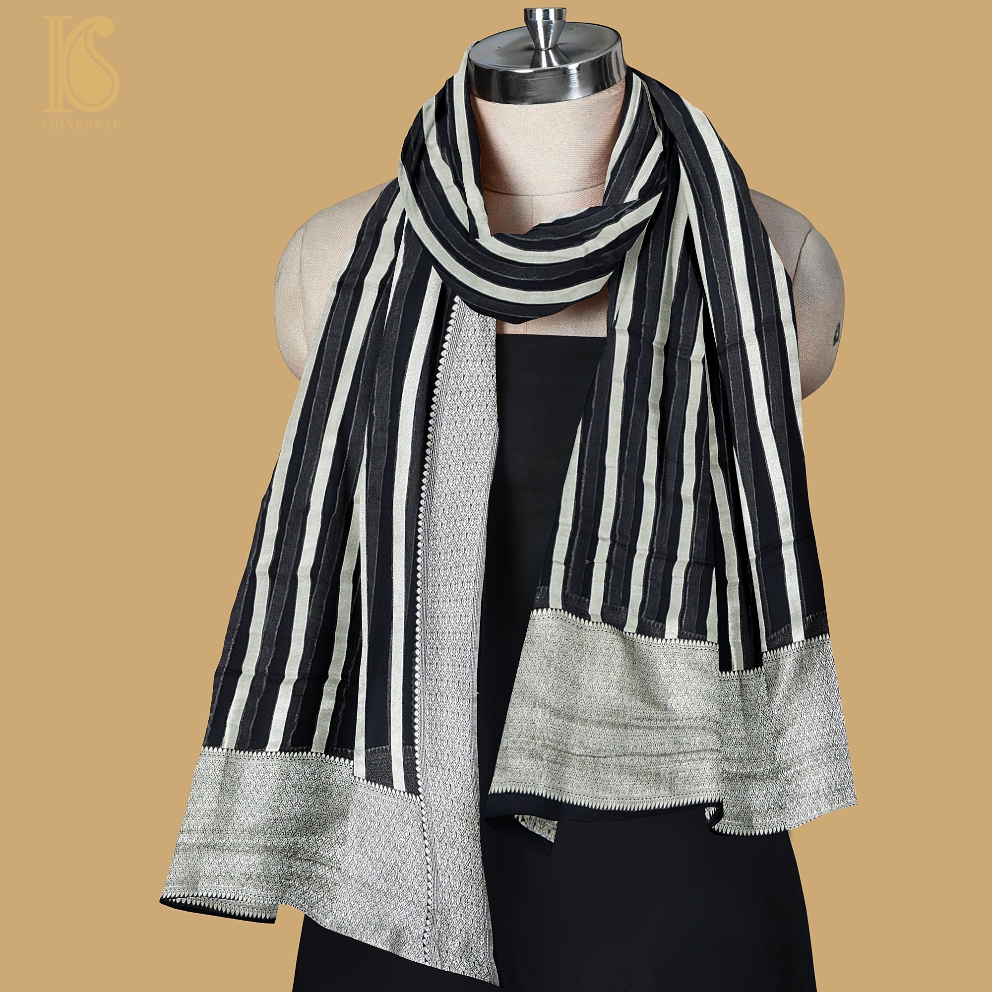 Black Pure Georgette Handloom Banarasi Stripes Dupatta - Khinkhwab