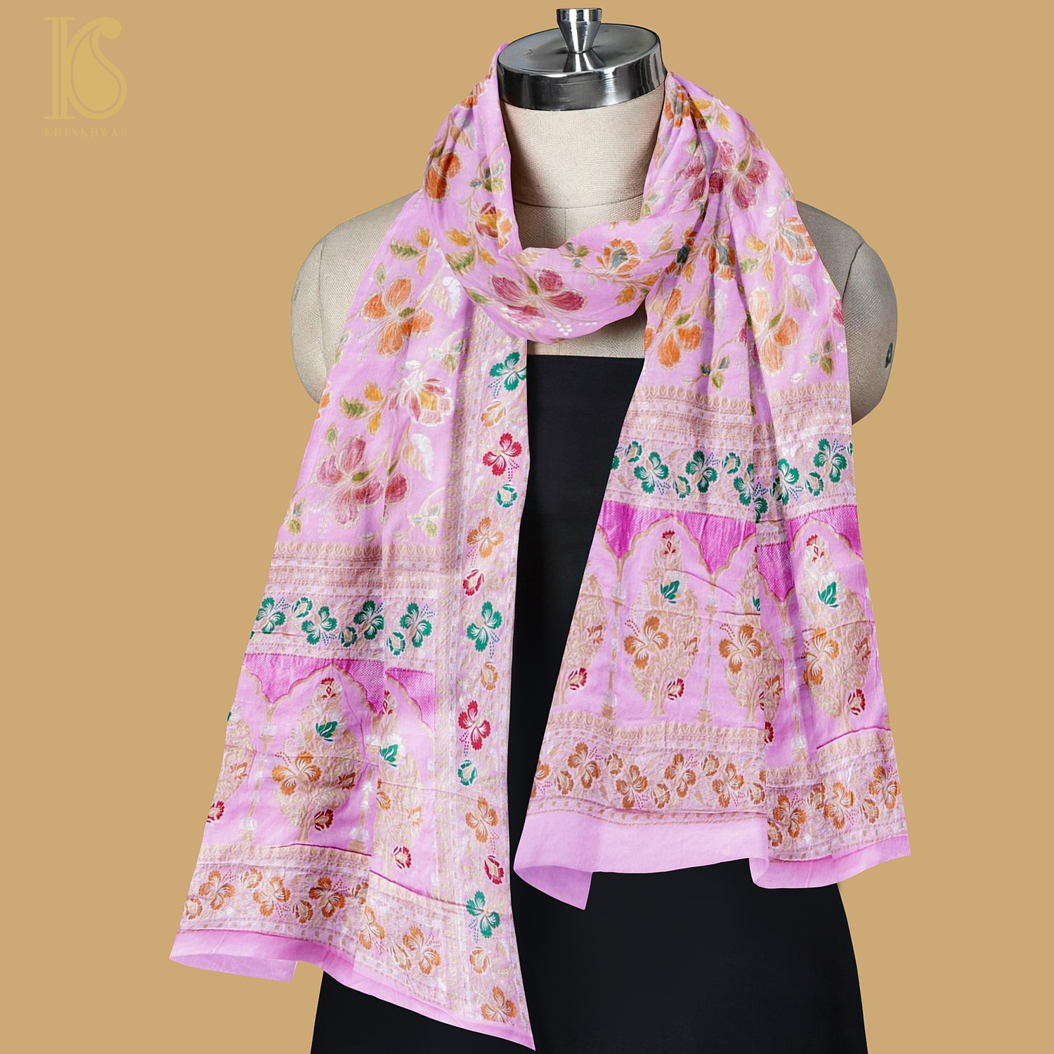 Thistle Pink Pure Georgette Handloom Banarasi Dahlia Dupatta - Khinkhwab