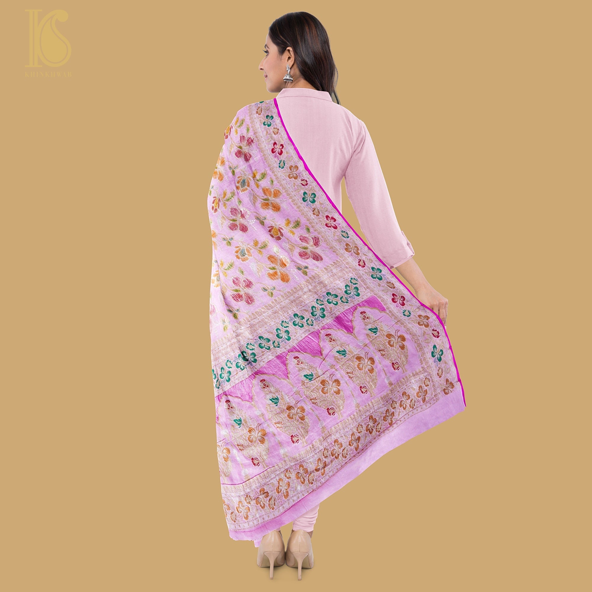 Thistle Pink Pure Georgette Handloom Banarasi Dahlia Dupatta - Khinkhwab