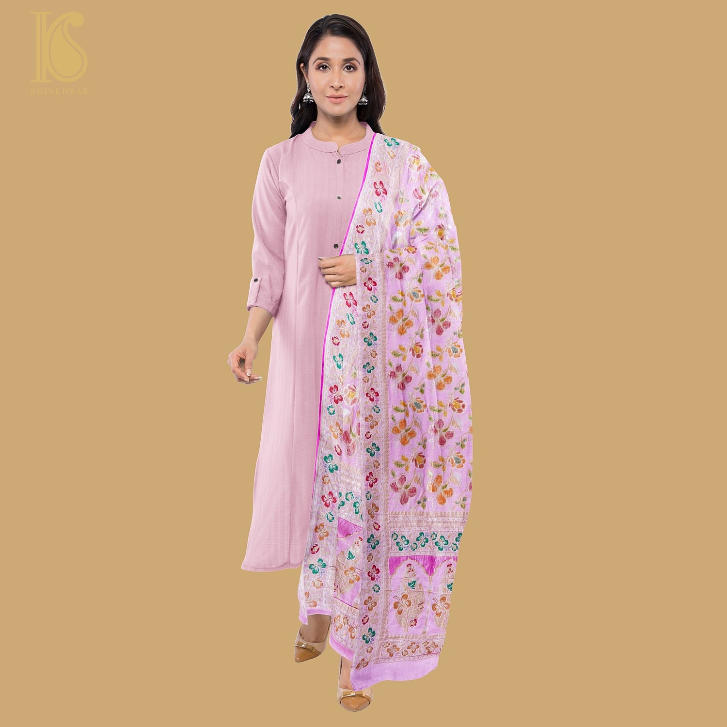 Thistle Pink Pure Georgette Handloom Banarasi Dahlia Dupatta - Khinkhwab