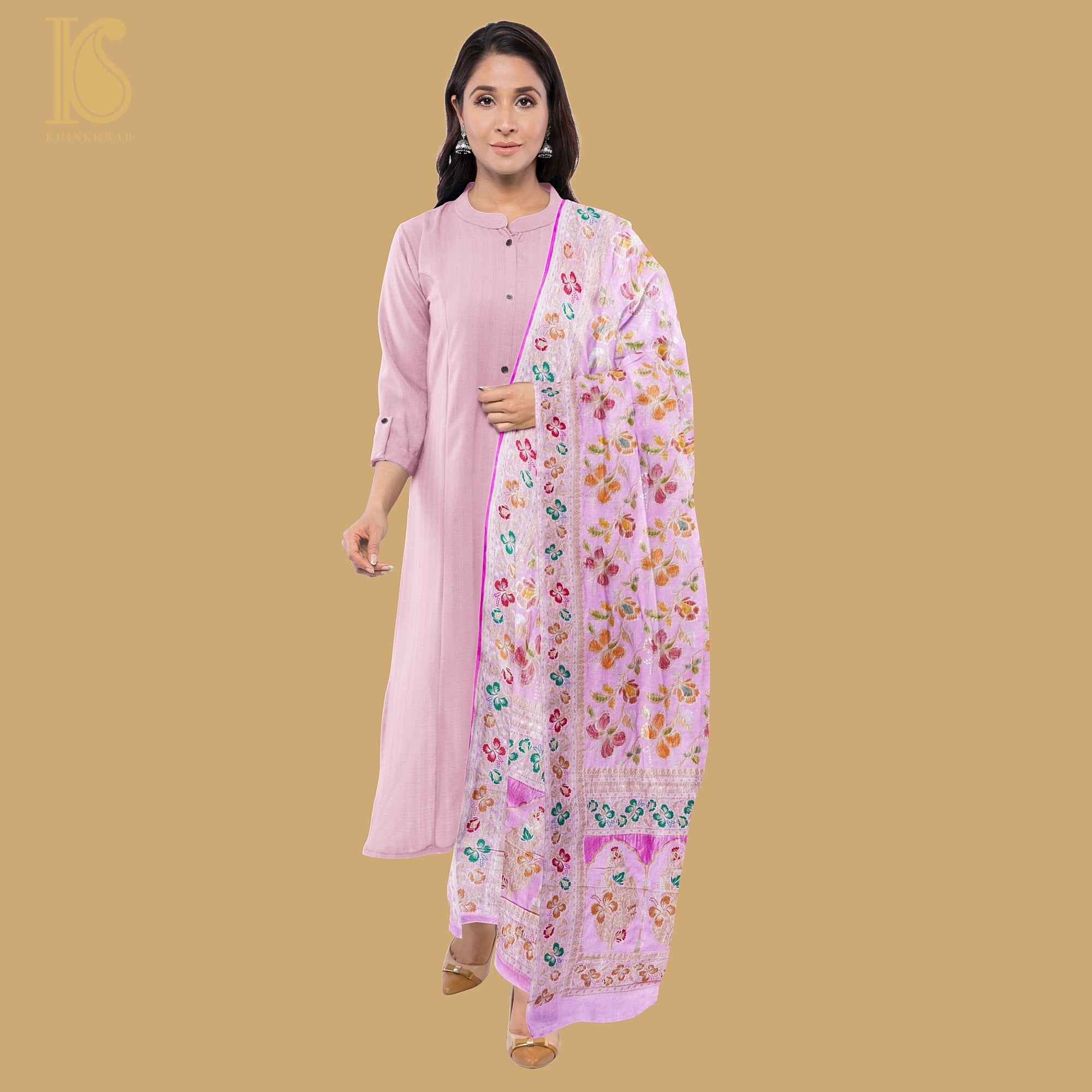 Thistle Pink Pure Georgette Handloom Banarasi Dahlia Dupatta - Khinkhwab