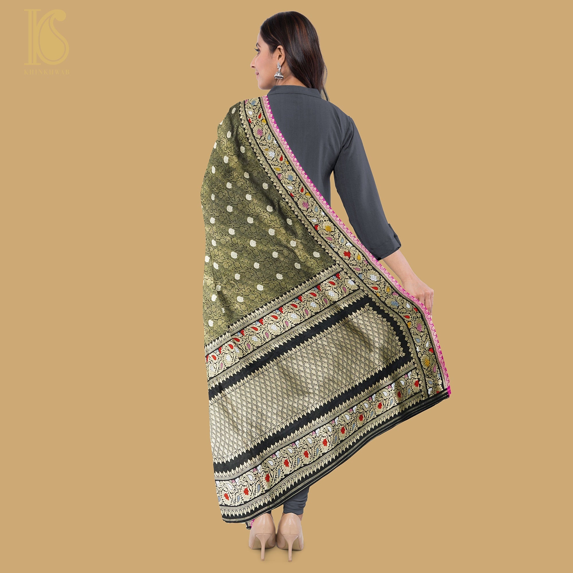Granite Green Pure Banarasi Silk Handwoven Tanchui Dupatta - Khinkhwab