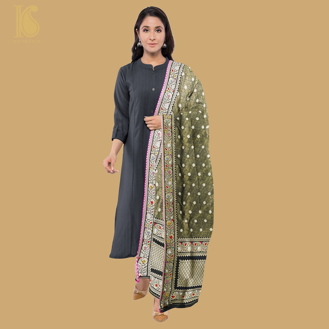 Granite Green Pure Banarasi Silk Handwoven Tanchui Dupatta - Khinkhwab