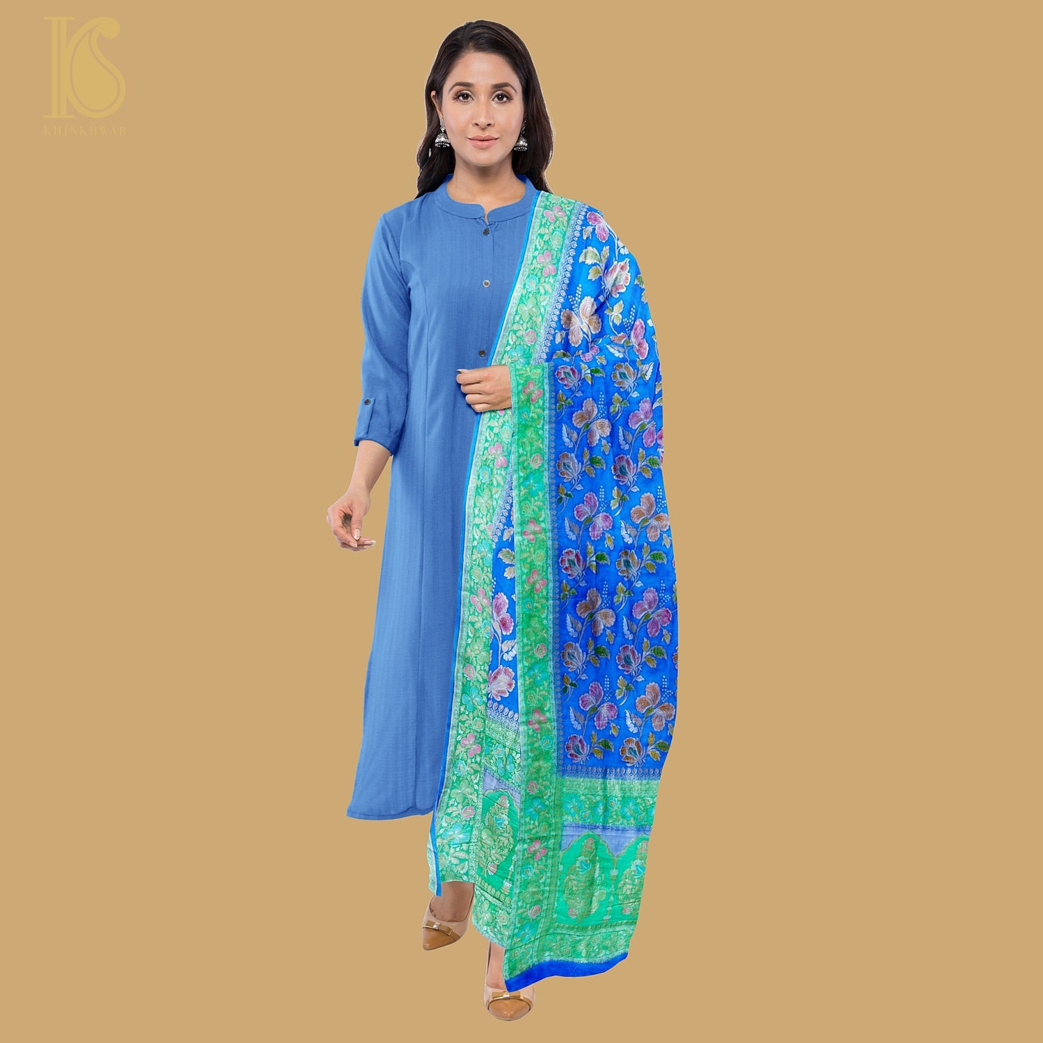 Dodger Blue Pure Georgette Handloom Banarasi Dahlia Dupatta - Khinkhwab