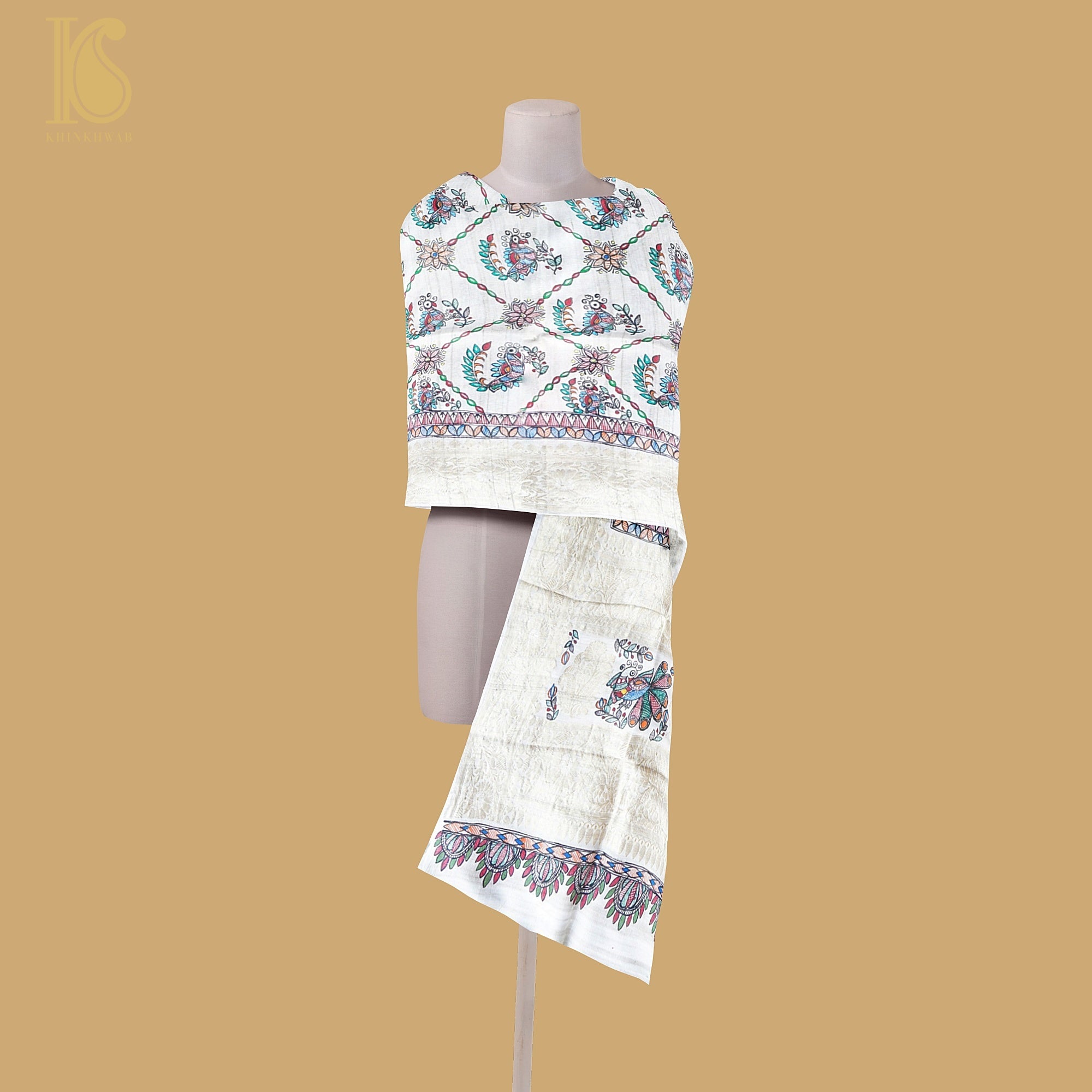 Handloom Pure Tussar Silk Hand Painted Madhubani Banarasi Dupatta - Khinkhwab